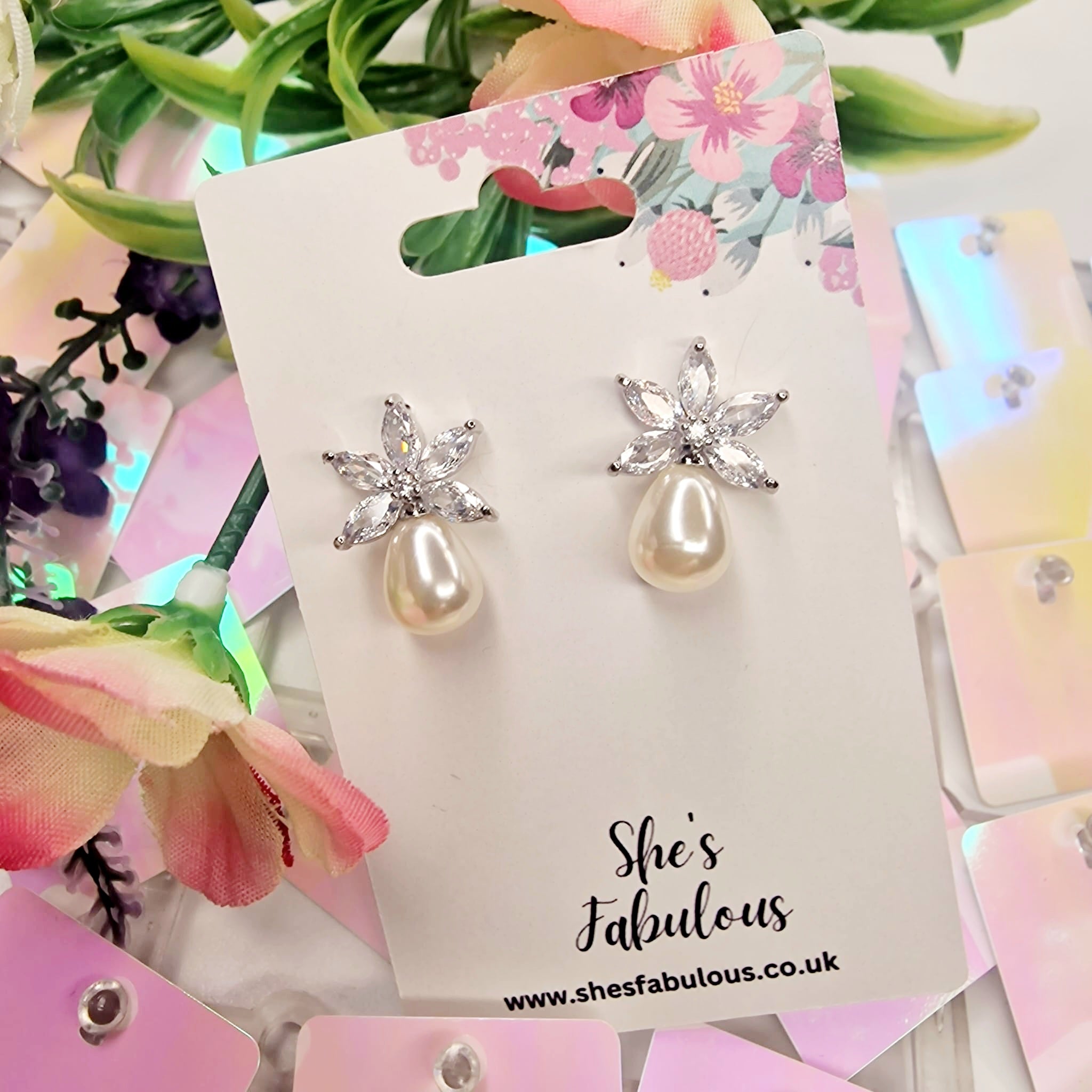Ersa Silver Flower Pearl Crystal Earring