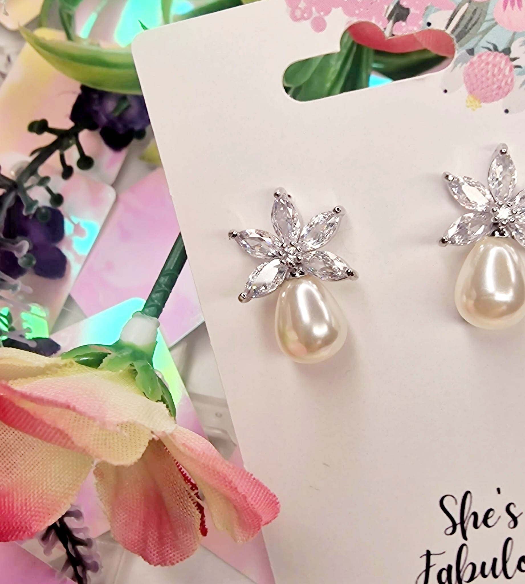 Ersa Silver Flower Pearl Crystal Earring