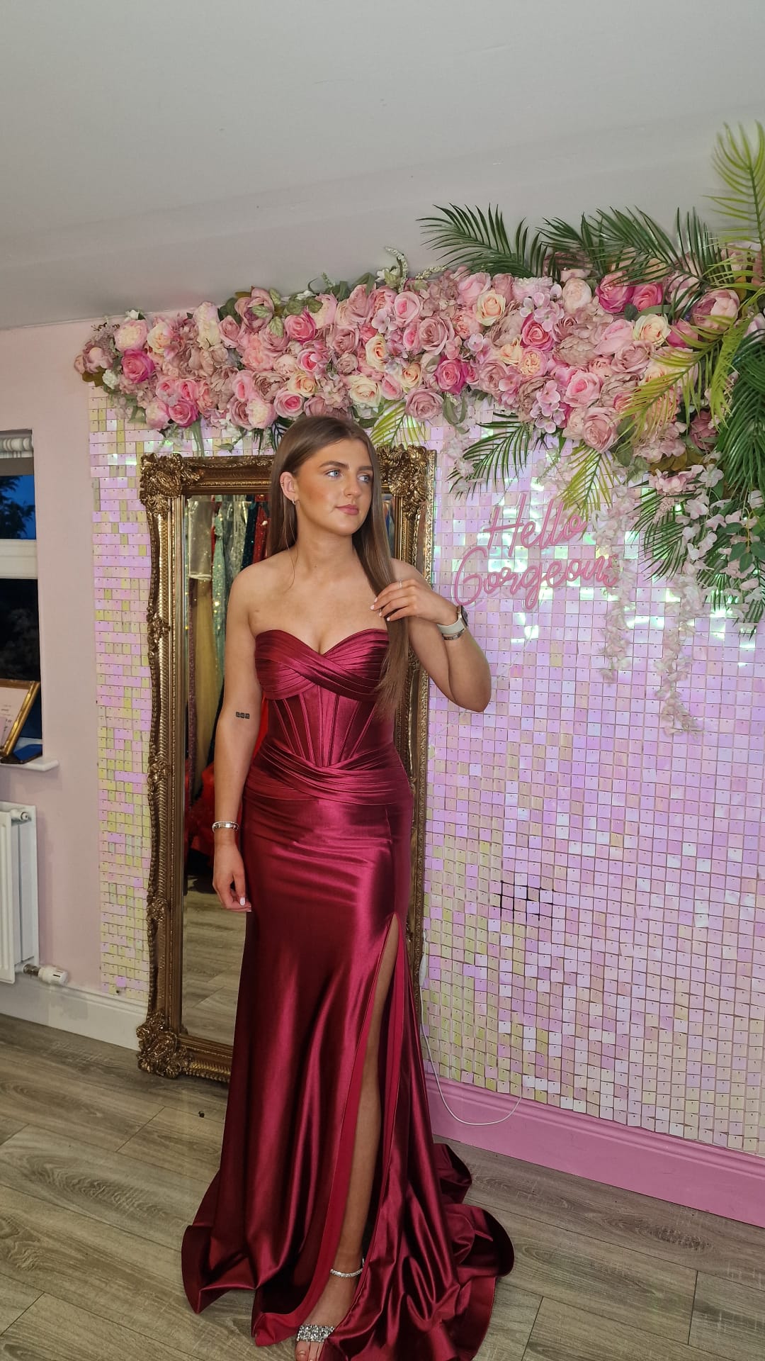 Aisha Burgundy Satin Ruched Corset Strapless Side Legsplit Formal Prom Dress