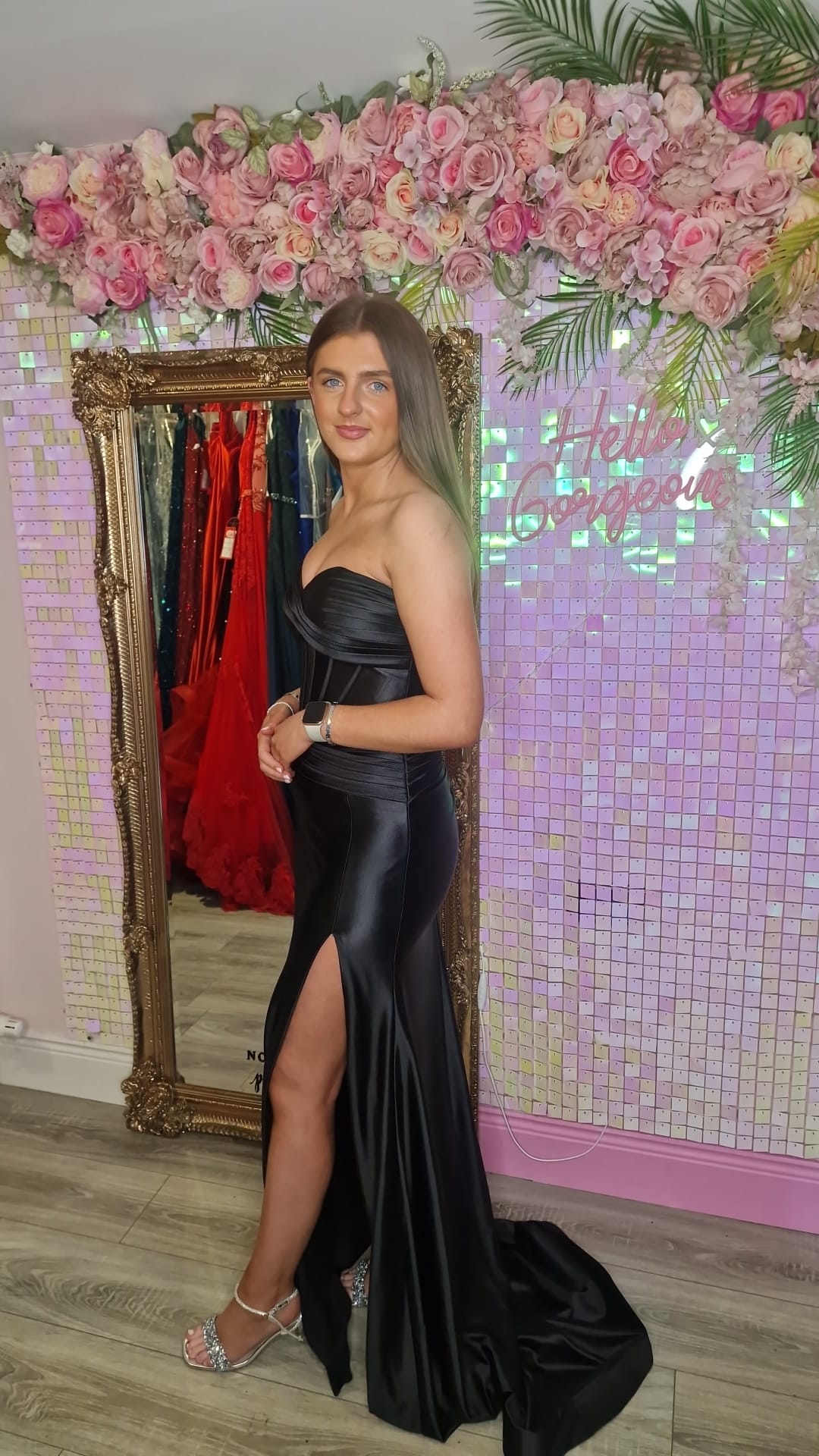 Aisha Black Satin Ruched Corset Strapless Side Legsplit Formal Prom Dress