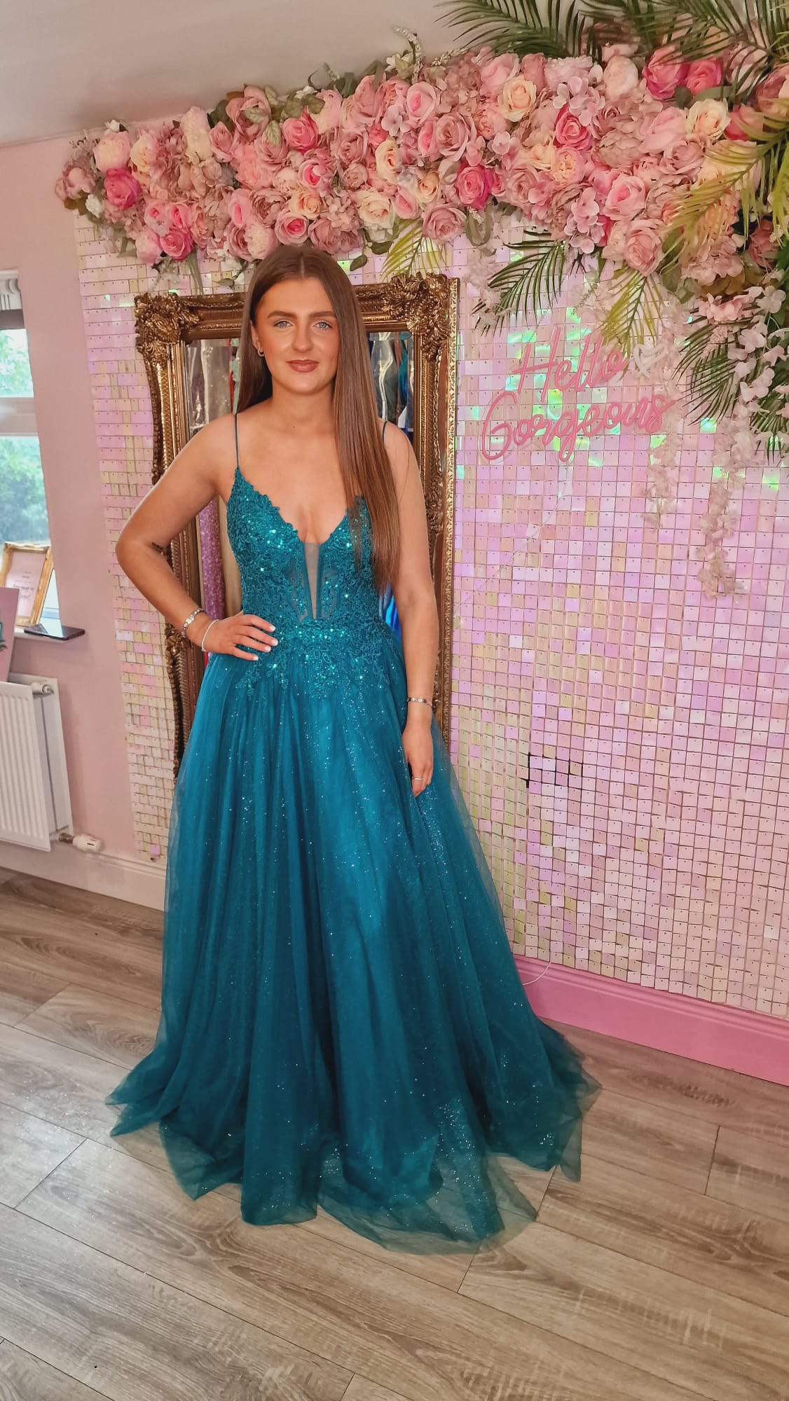 Cliona Green Leg Split Mesh Insert Laced Up Back Ballgown Formal Prom Dress