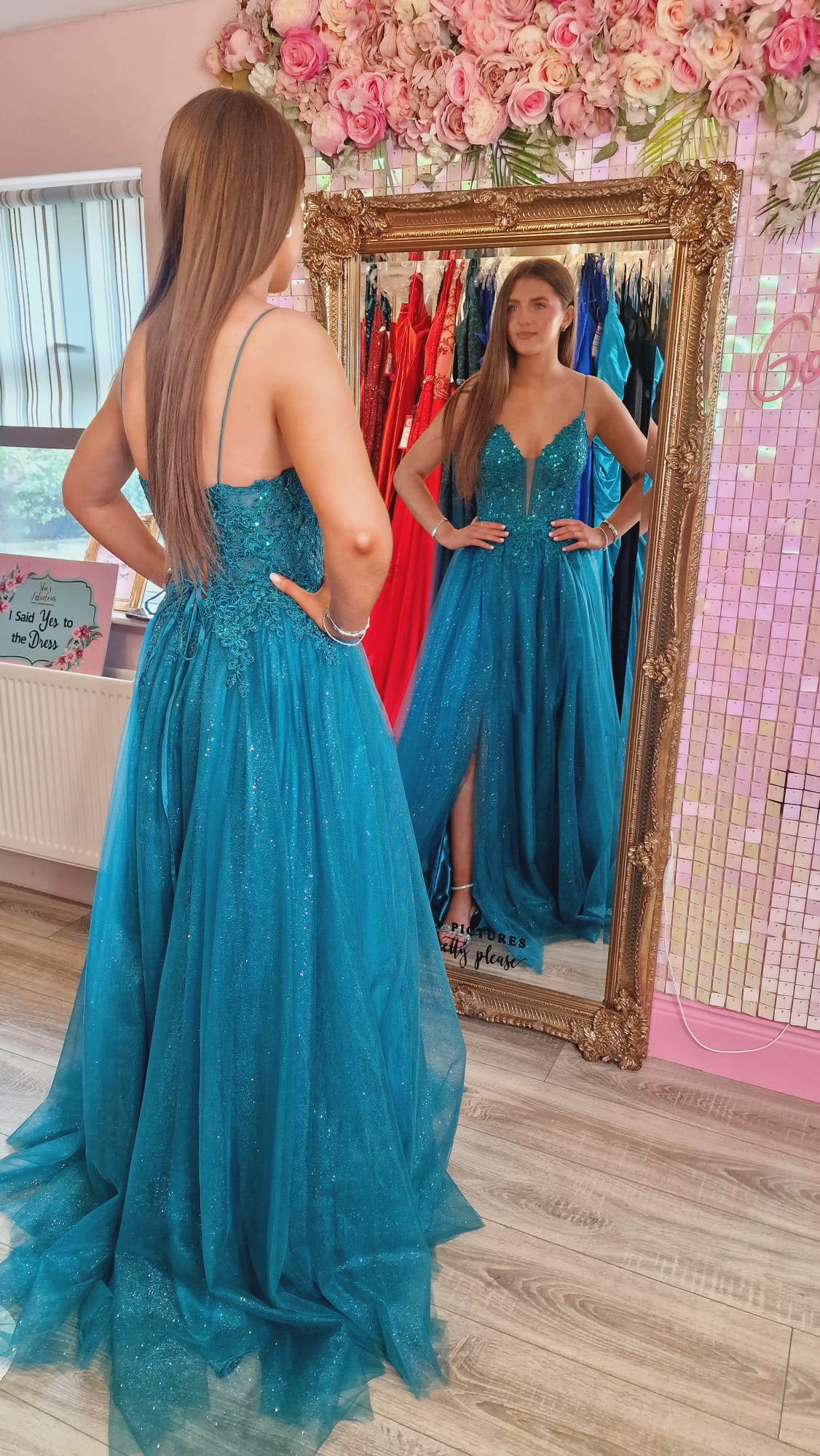 Cliona Green Leg Split Mesh Insert Laced Up Back Ballgown Formal Prom Dress