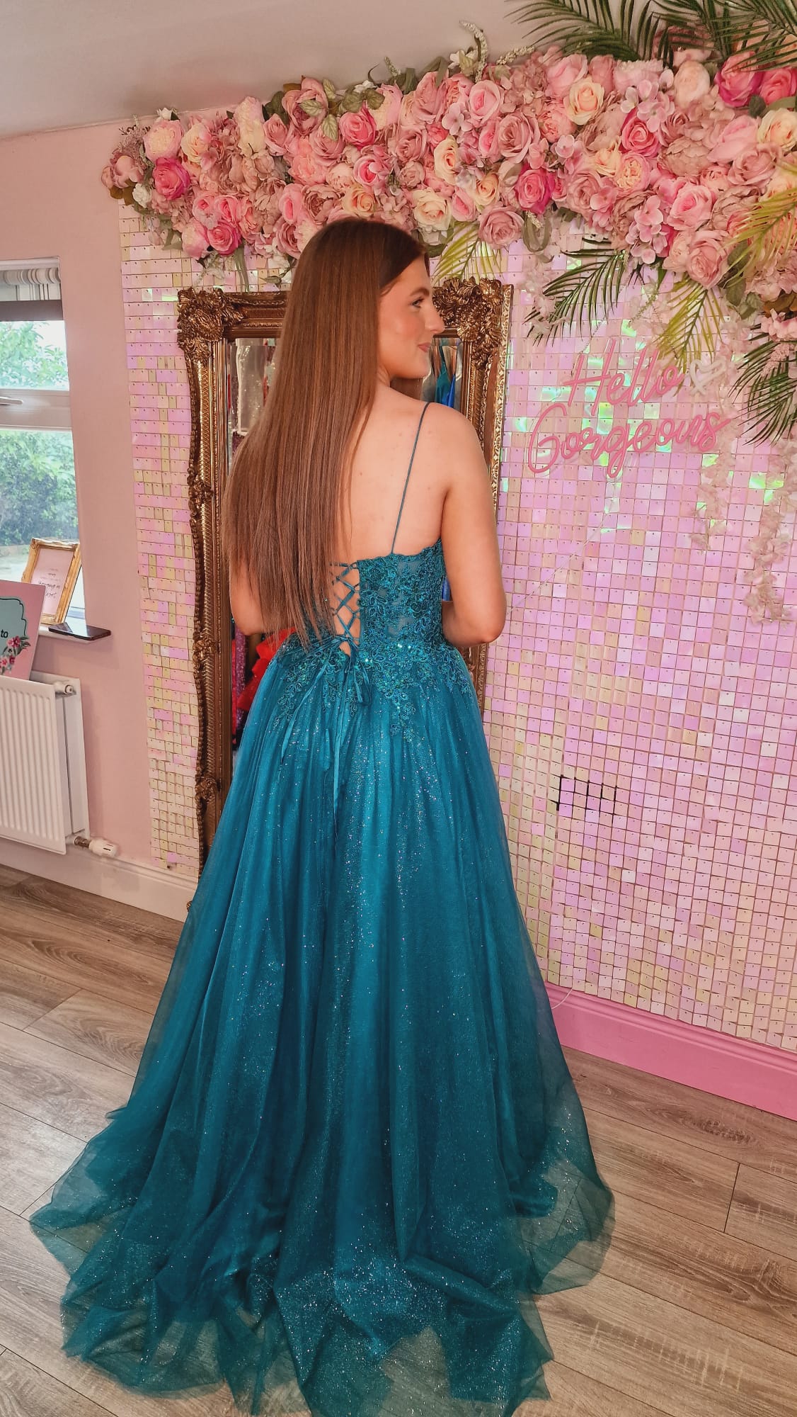 Cliona Green Leg Split Mesh Insert Laced Up Back Ballgown Formal Prom Dress