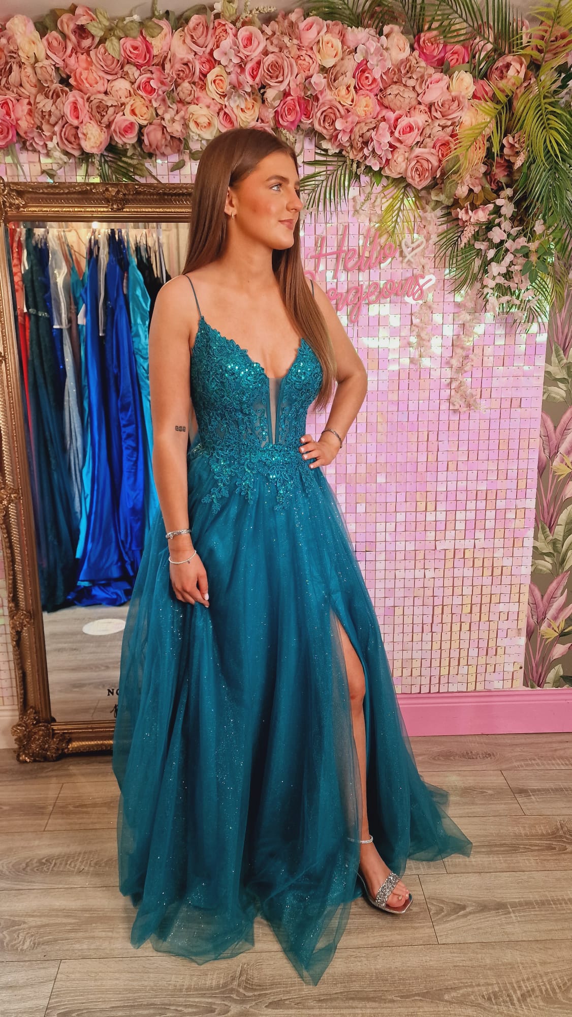 Cliona Green Leg Split Mesh Insert Laced Up Back Ballgown Formal Prom Dress