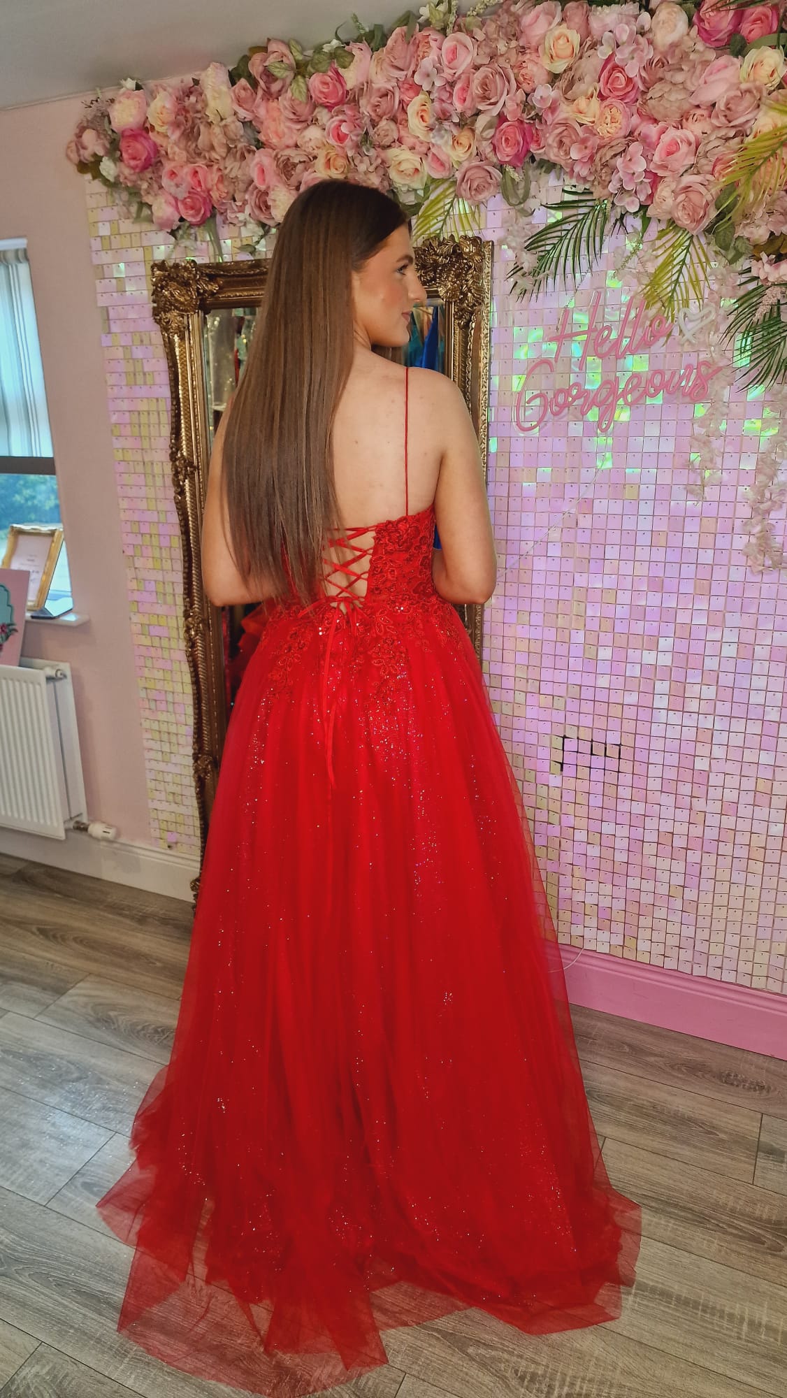 Cliona Red Leg Split Mesh Insert Laced Up Back Ballgown Formal Prom Dress