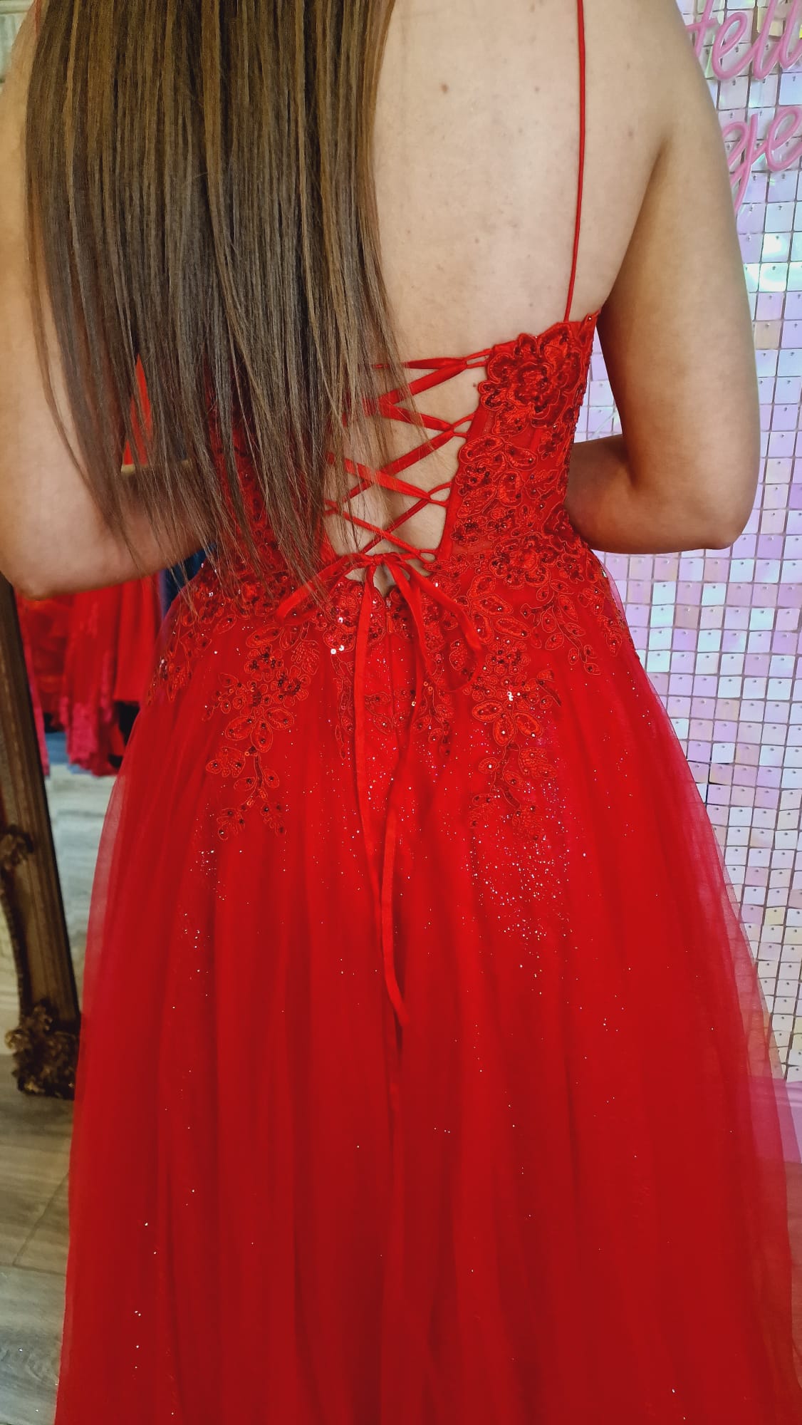 Cliona Red Leg Split Mesh Insert Laced Up Back Ballgown Formal Prom Dress