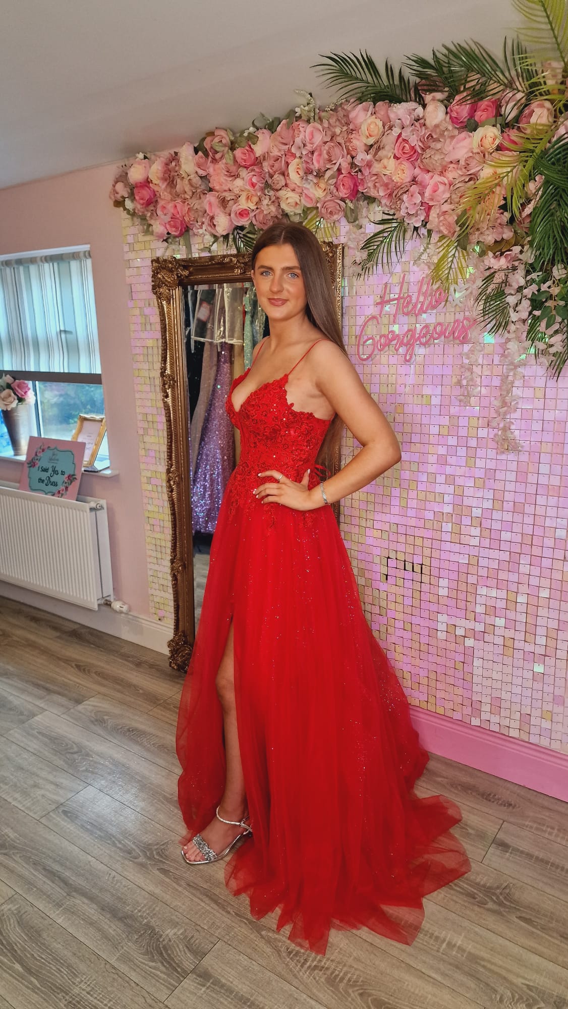 Cliona Red Leg Split Mesh Insert Laced Up Back Ballgown Formal Prom Dress