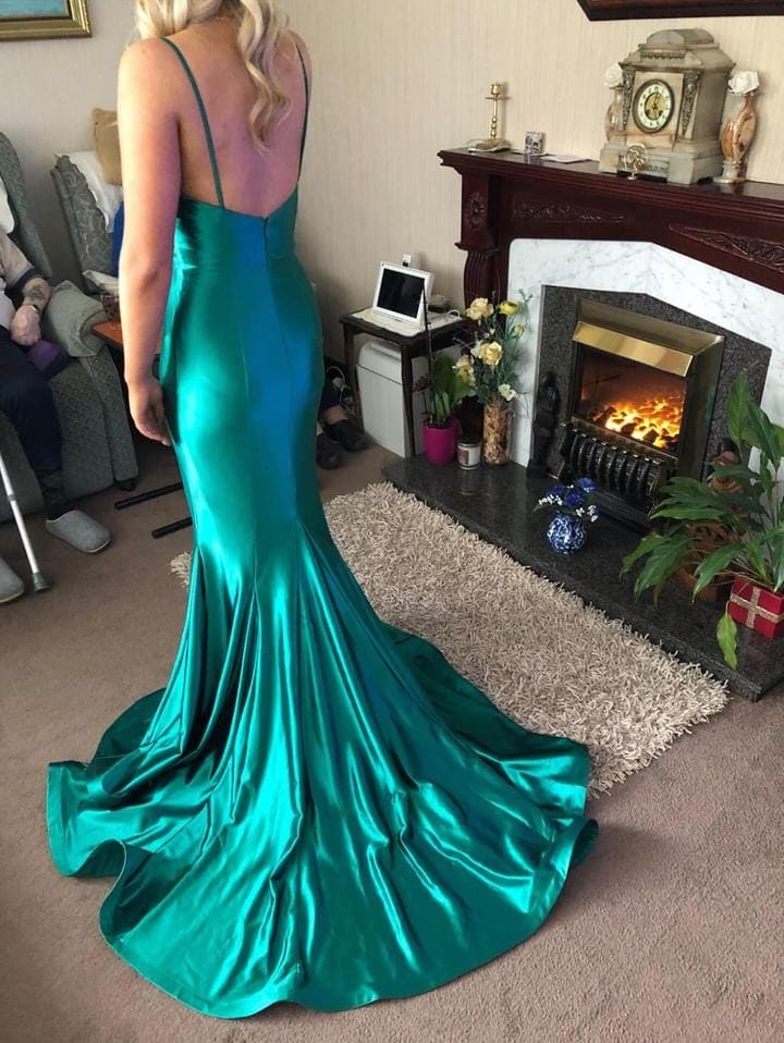 Emerald Green Low Back Skinny Straps Fishtail Formal Prom Dress