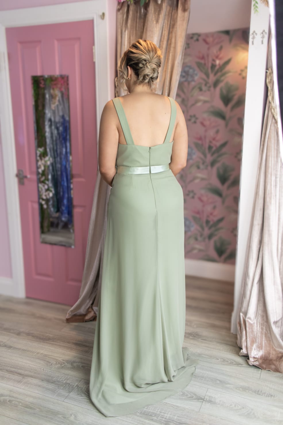 Erin Sage Green Cowl Neck Split Leg Open Back Sample Dress Bridesmaid Dress