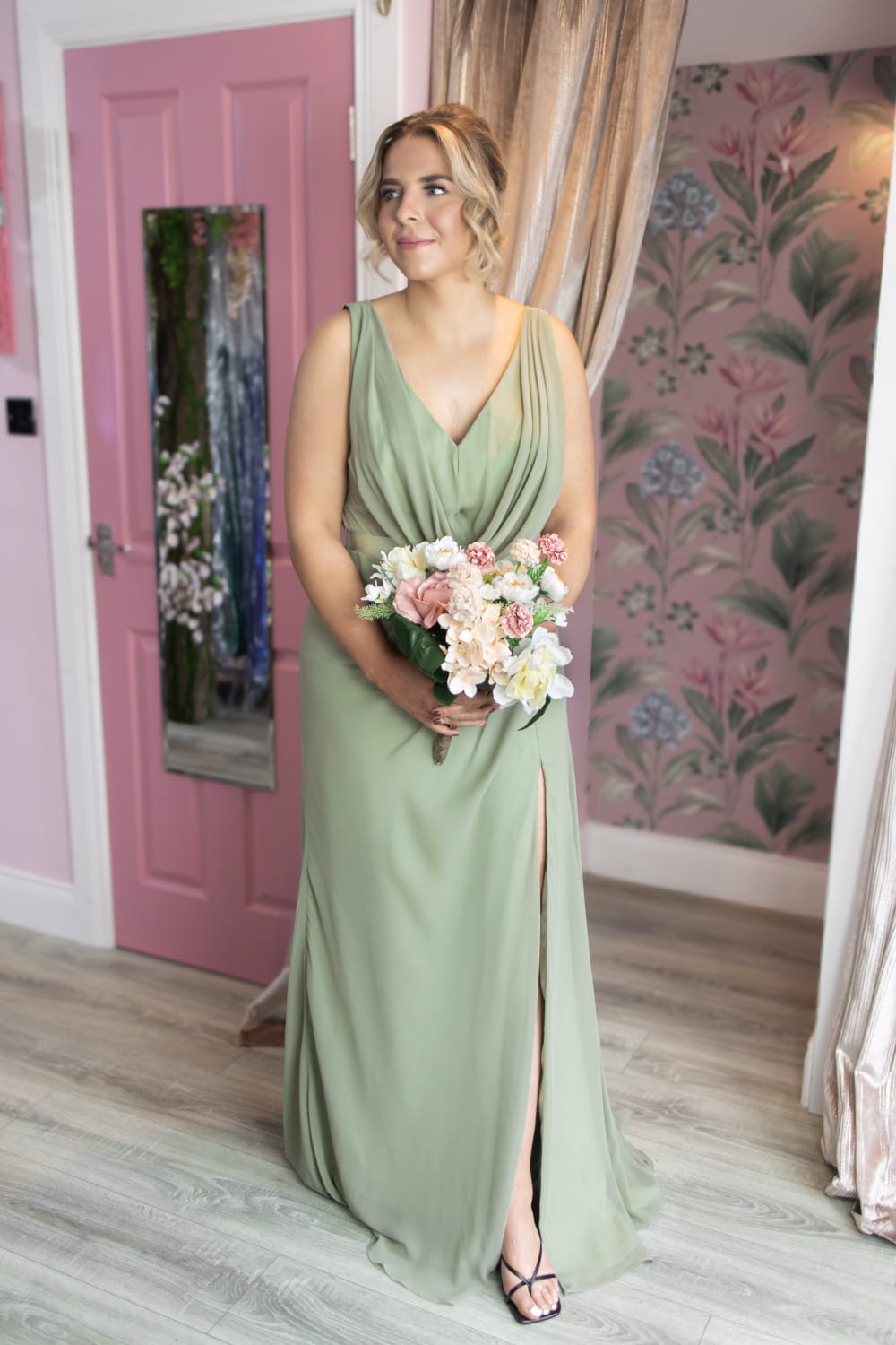 Erin Sage Green Cowl Neck Split Leg Open Back Sample Dress Bridesmaid Dress