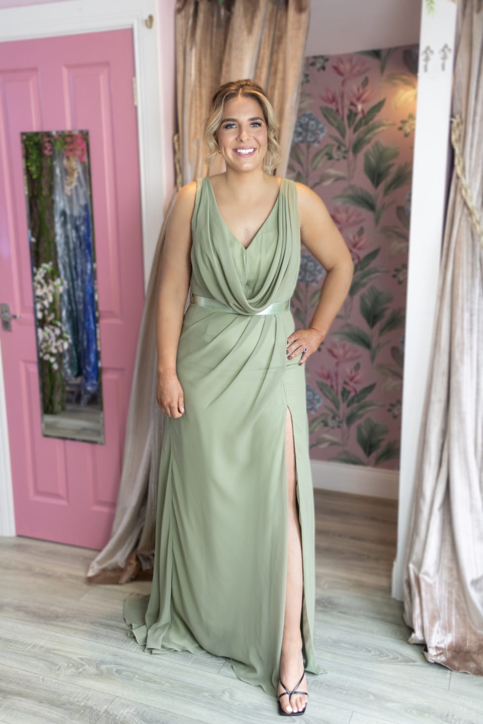 Erin Sage Green Cowl Neck Split Leg Open Back Sample Dress Bridesmaid Dress
