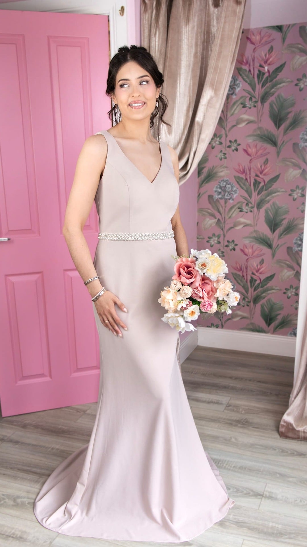 Leah Champagne Low Back With Belt Bridesmaid Dress