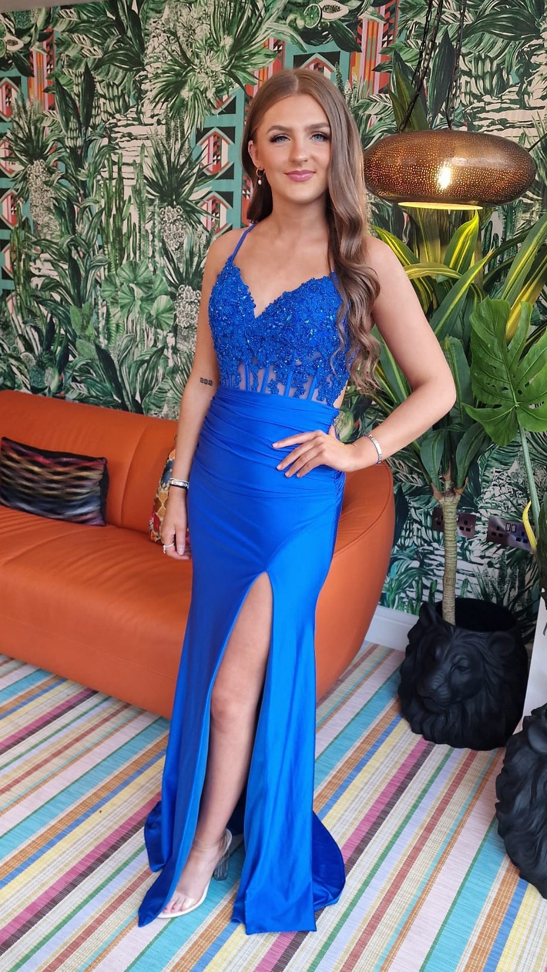 Jill Blue Laced Bodice With Laced Back Leg Split Formal Prom Dress