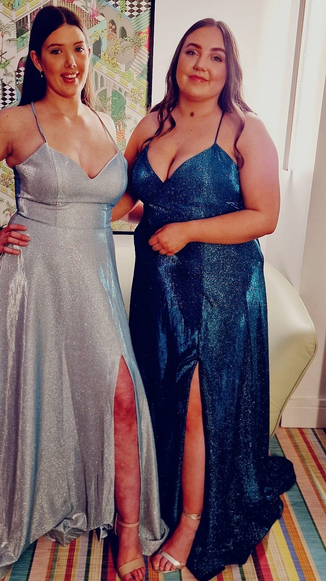 Chelsea Teal Glitter Material Skinny Straps Laced Back Formal Prom Dress