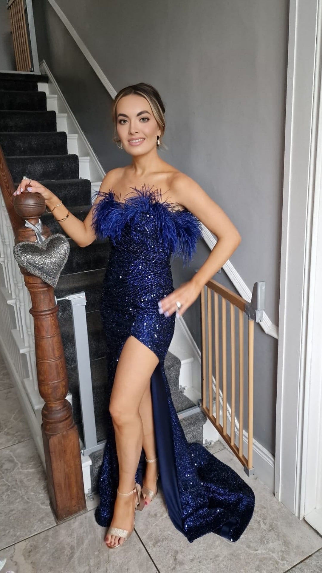 Felicity Black Feather Sequin Strapless High Leg Split Formal Prom Dress