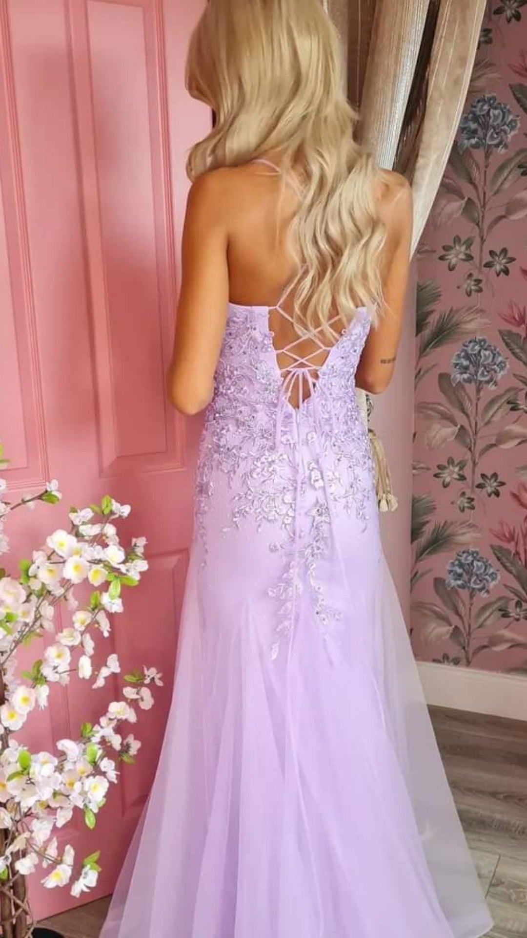 Natasha Lilac Embroidered Bodice With Laced Back Formal Prom Dress