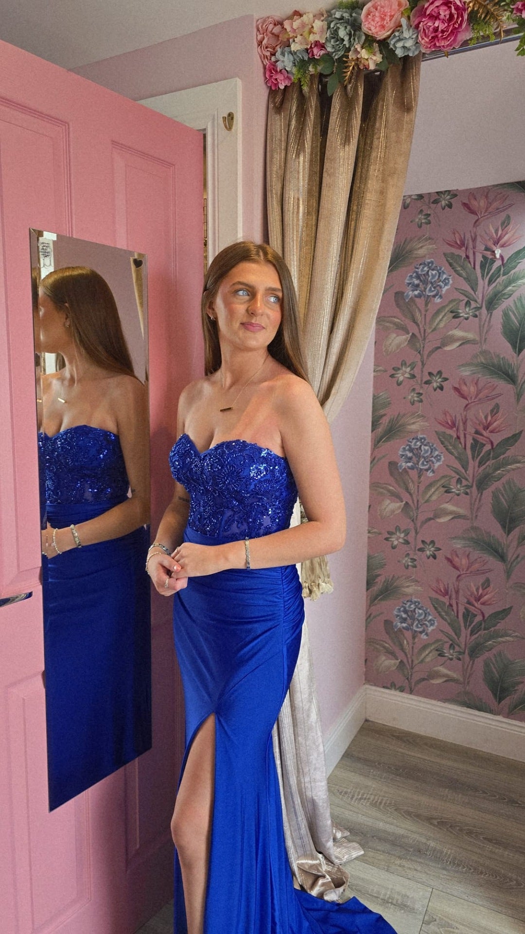 Maisie Blue Strapless Thigh Split Corset Formal Prom Dress