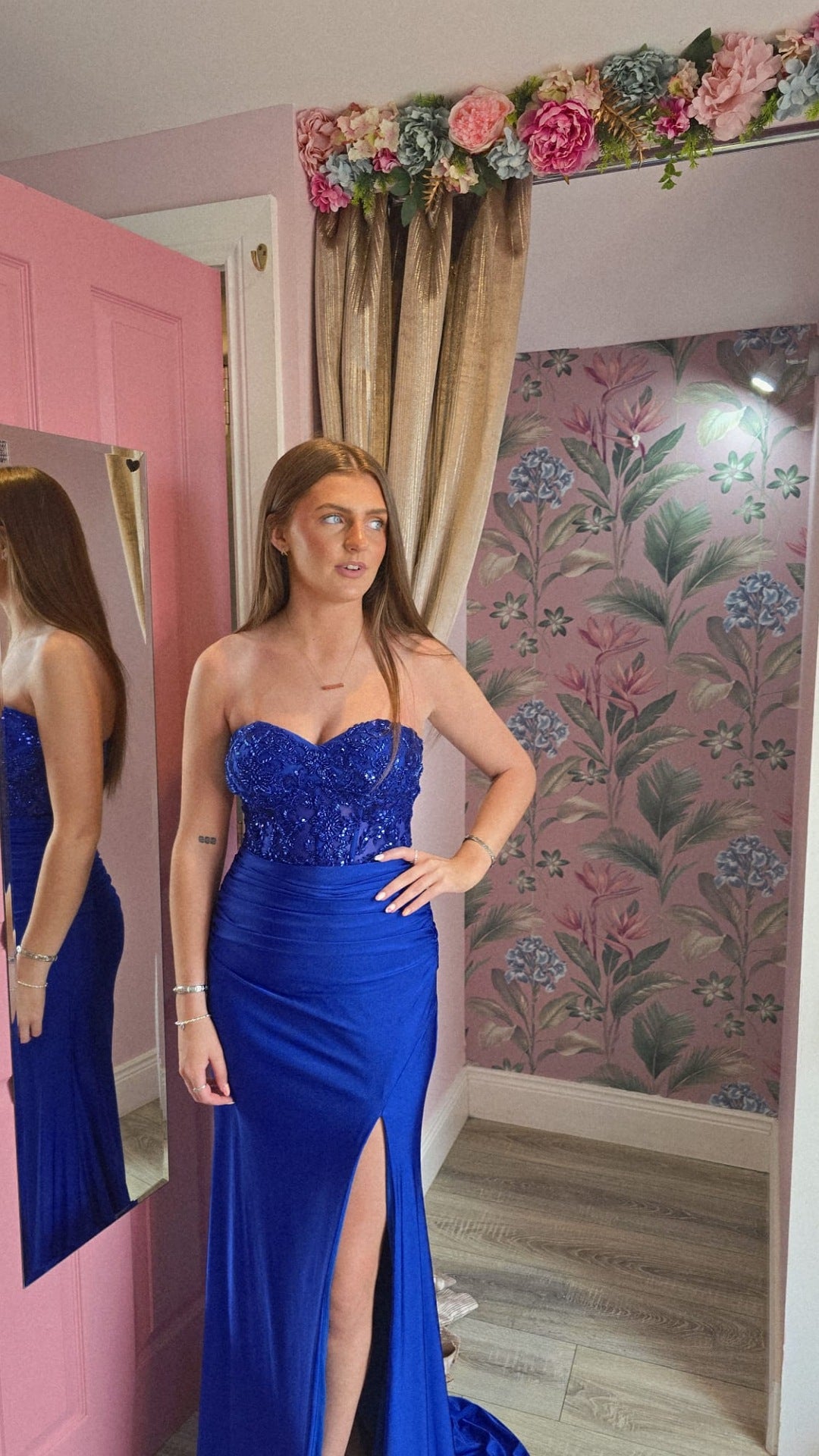Maisie Blue Strapless Thigh Split Corset Formal Prom Dress