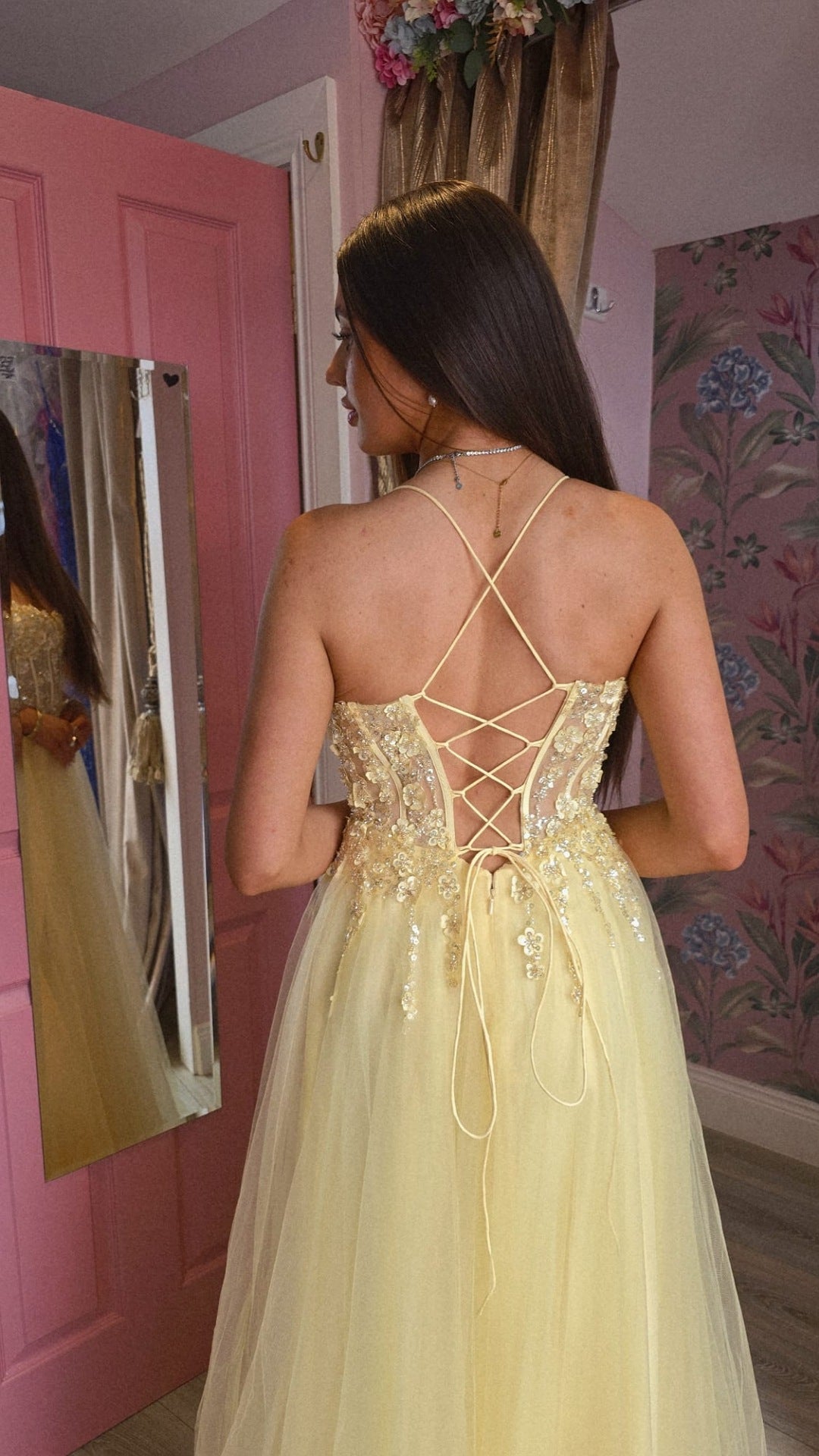 Holly Yellow Thigh Split Flower Detail Corset Ballgown Formal Prom Dress