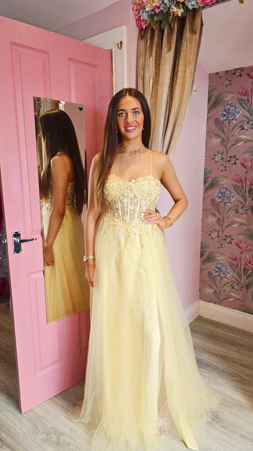 Holly Yellow Thigh Split Flower Detail Corset Ballgown Formal Prom Dress