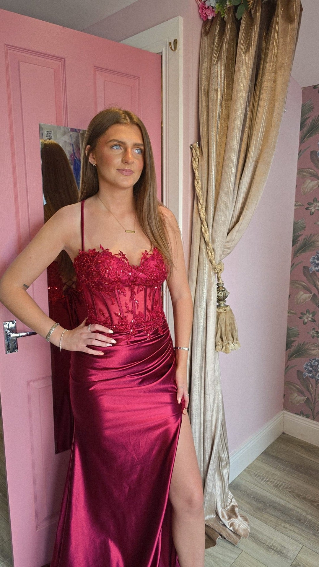 Orla Red Satin Silk Thigh Split Corset Top Formal Prom Dress