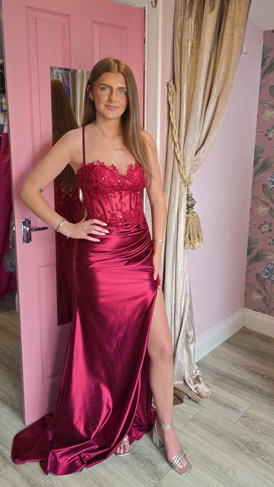Orla Red Satin Silk Thigh Split Corset Top Formal Prom Dress