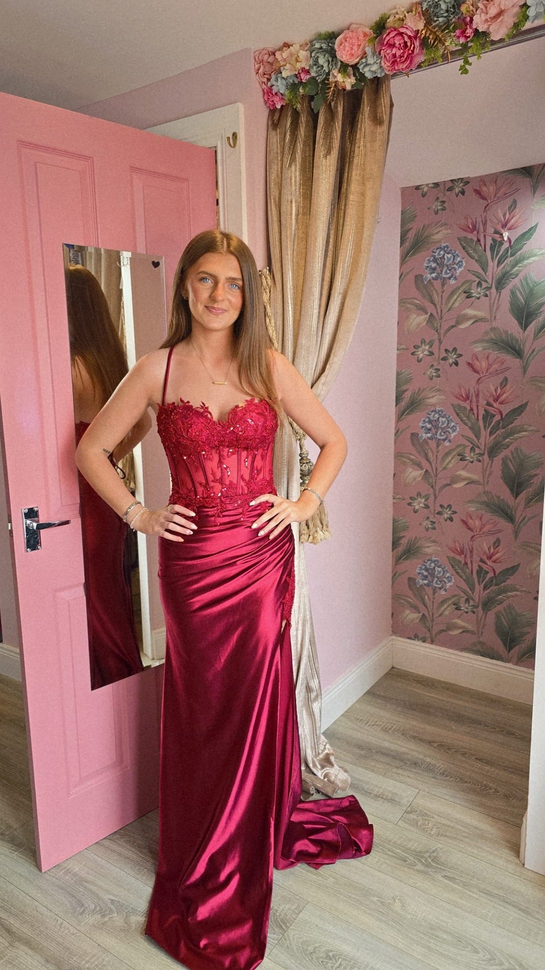 Orla Red Satin Silk Thigh Split Corset Top Formal Prom Dress