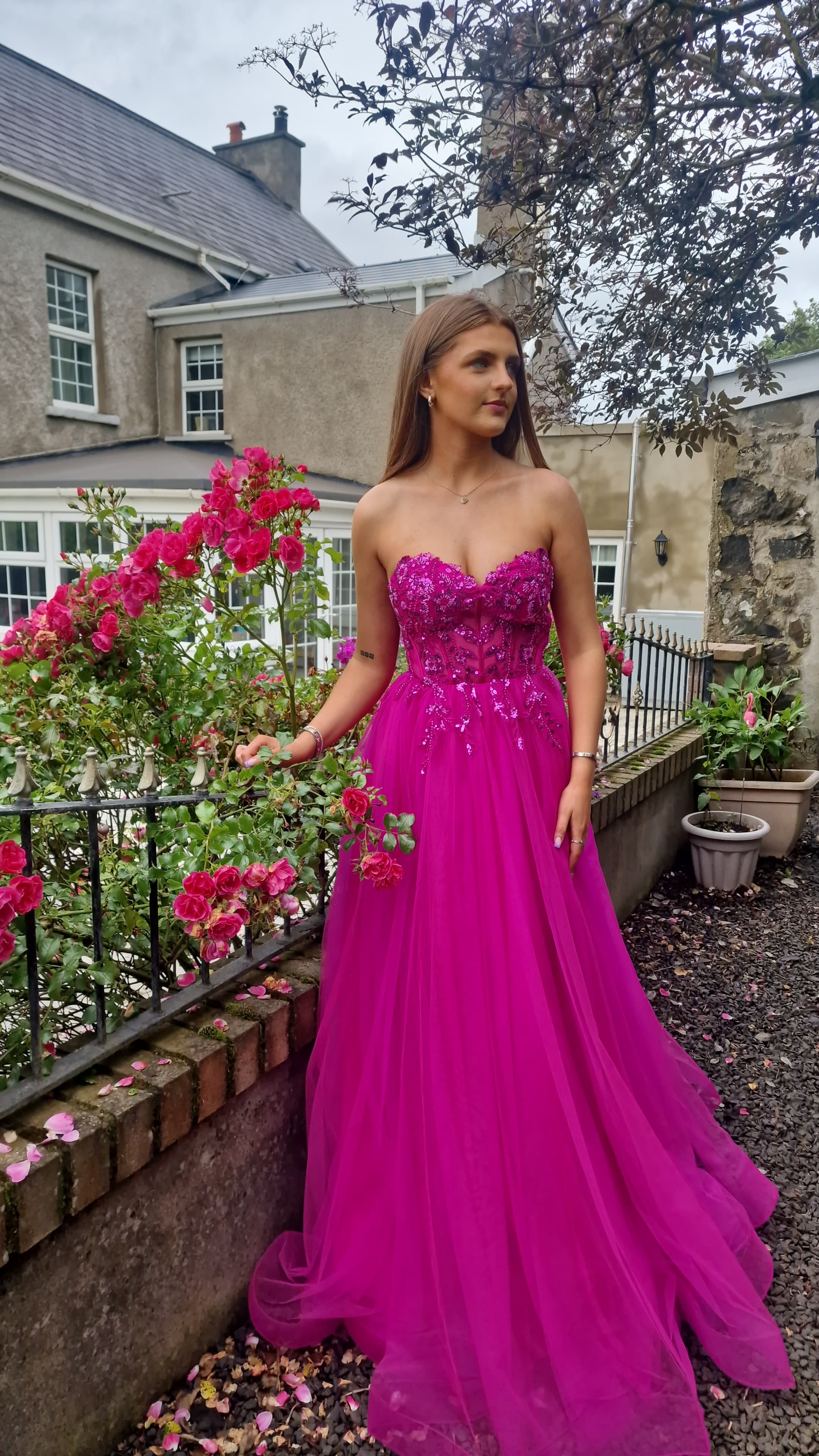 Connie Magenta Mesh Corset Laced Back Strapless Ballgown Formal Prom Dress