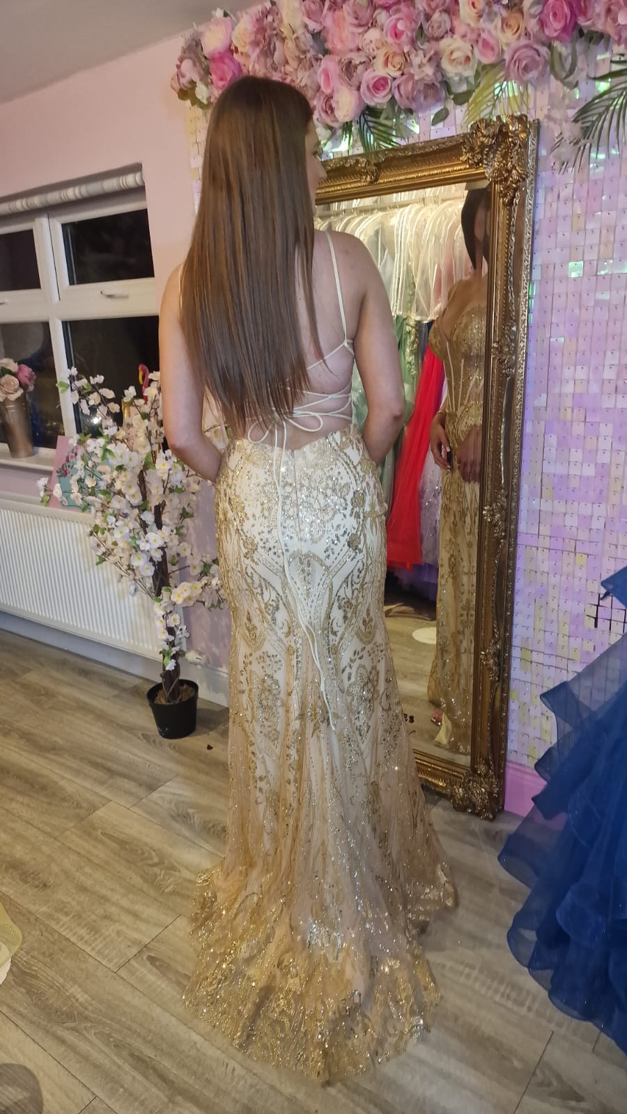 Eva Gold Glitter Fabric Mesh Corset Laced Up Back Formal Prom Dress