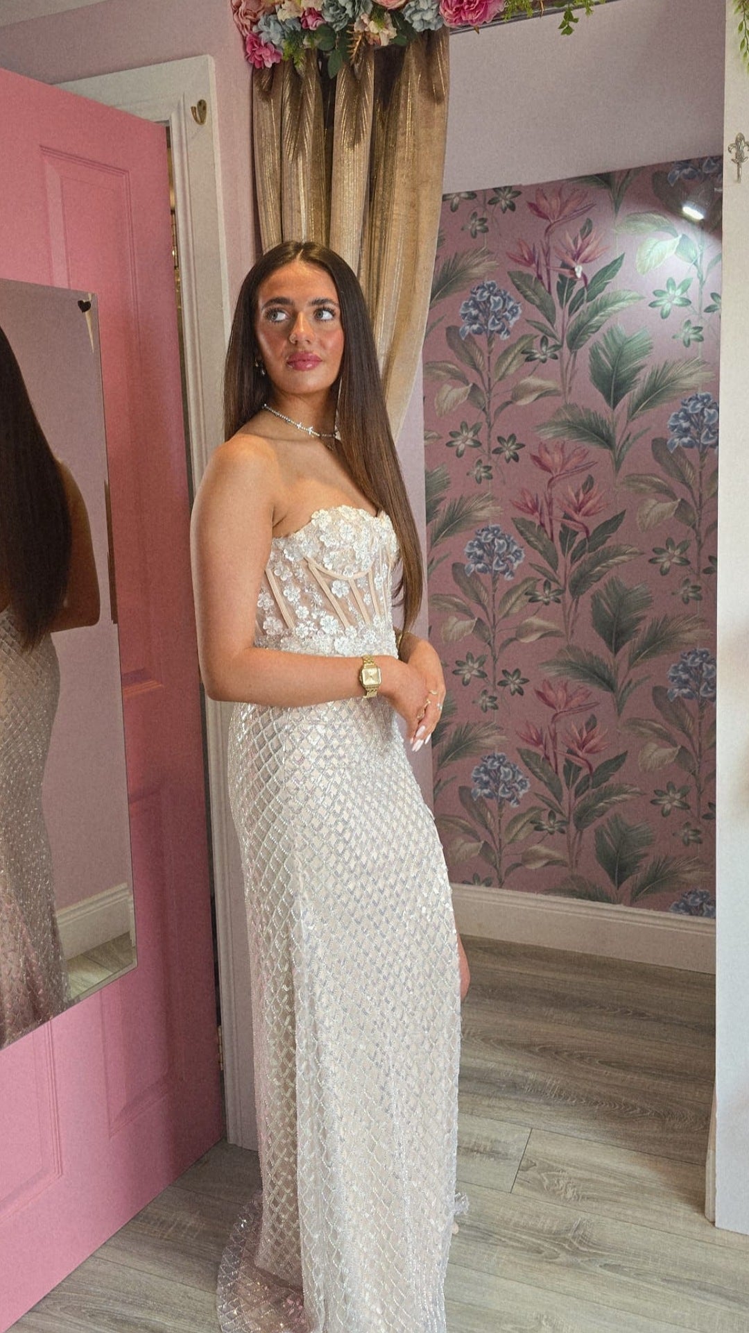 Chloe Champagne Beaded And Sequin All Over Flower Detail Corset Formal Prom Dress