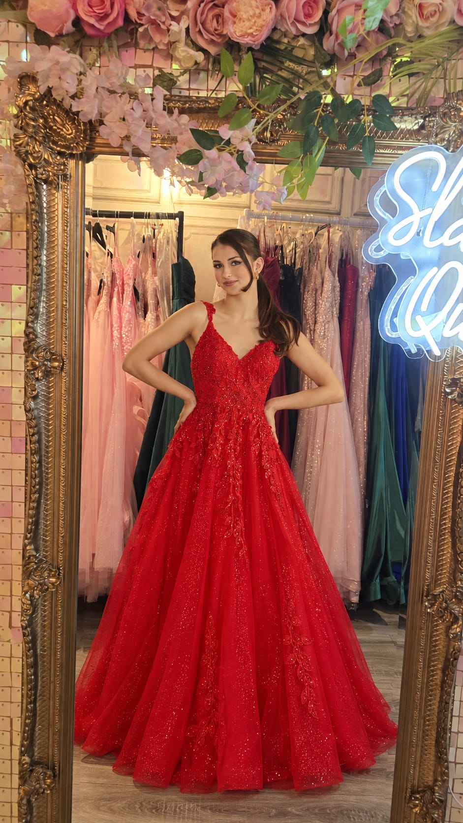 Hanna Red Flower Detail Corset Sparkle Material Ballgown Formal Prom Dress Ball Gown