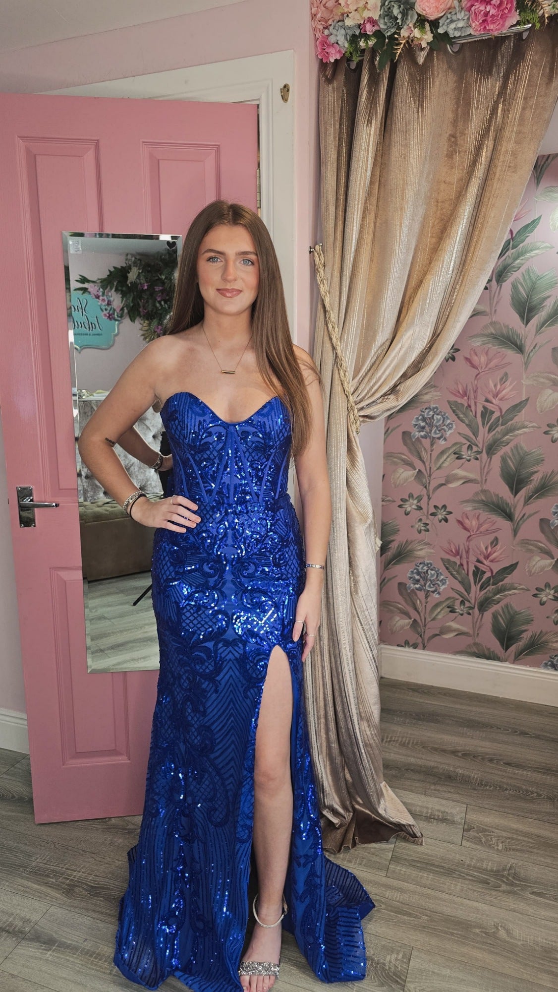Emma New 2026 Version Blue Sequin Glitter Laced Back Formal Prom Dress