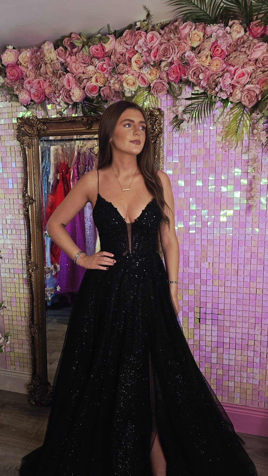 Cliona Black Leg Split Mesh Insert Laced Up Back Ballgown Formal Prom Dress