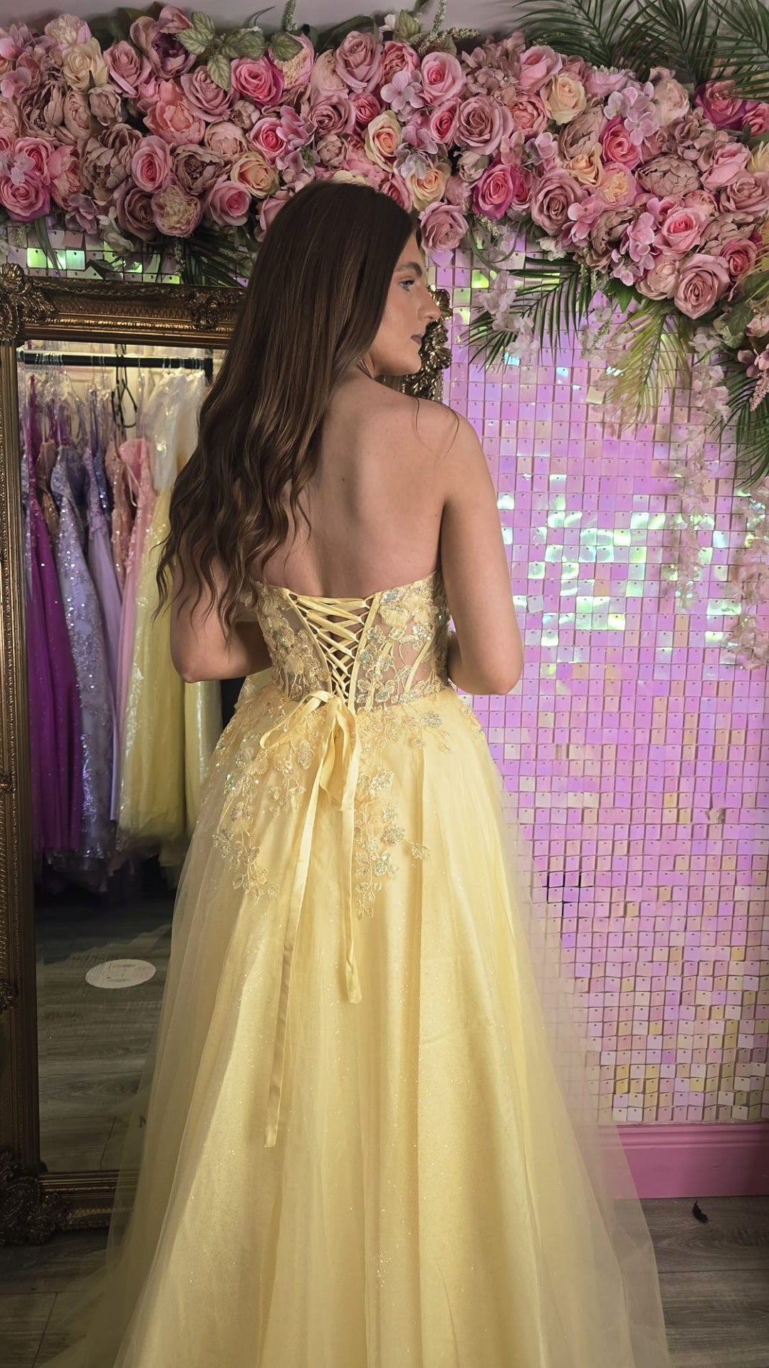 Ellen Lemon Strapless Flower Detail Ball Gown Formal Prom Dress