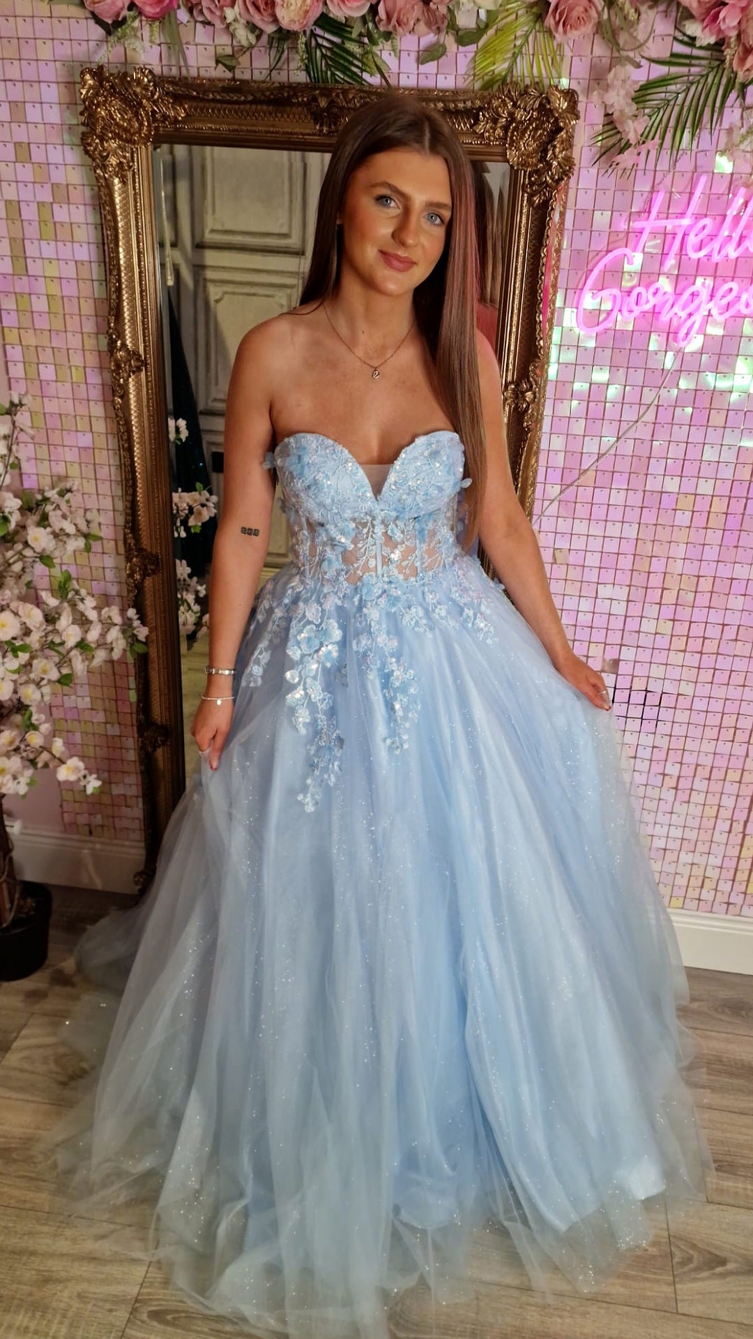 Ellen Light Blue Strapless Flower Detail Ball Gown Formal Prom Dress