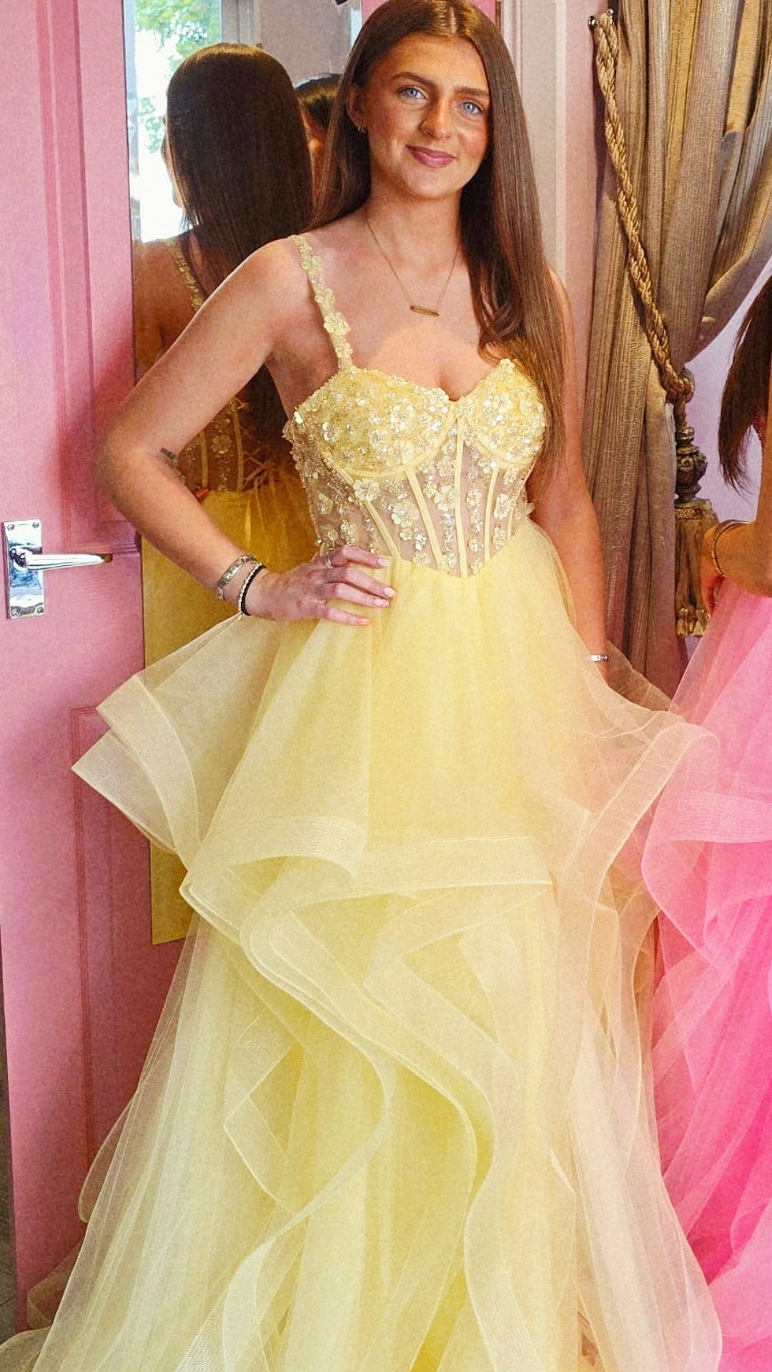 Elena Yellow Layered Flower Detail On Bodice And Straps Ballgown Forma
