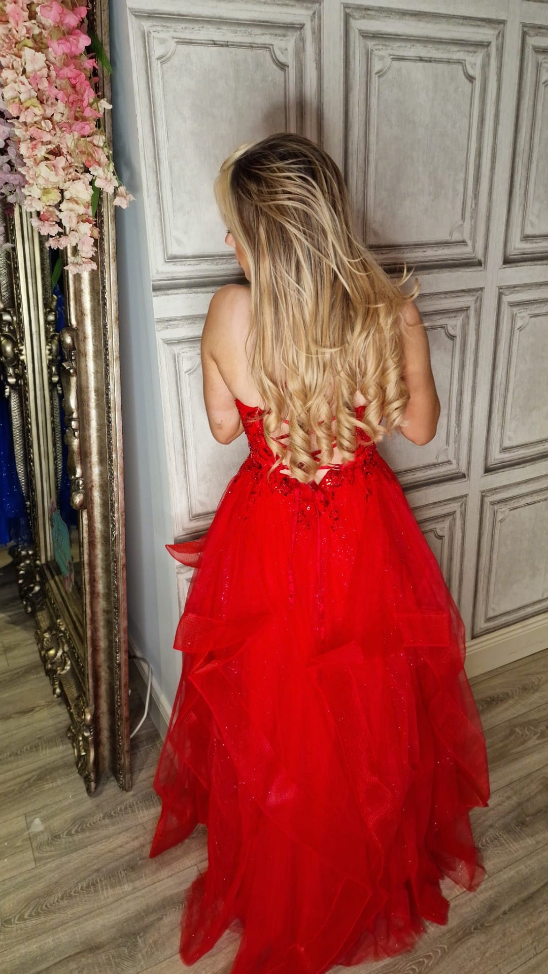 Grace Red Skinny Straps Embellished Layered Ball Gown Skirt Formal Prom Dress