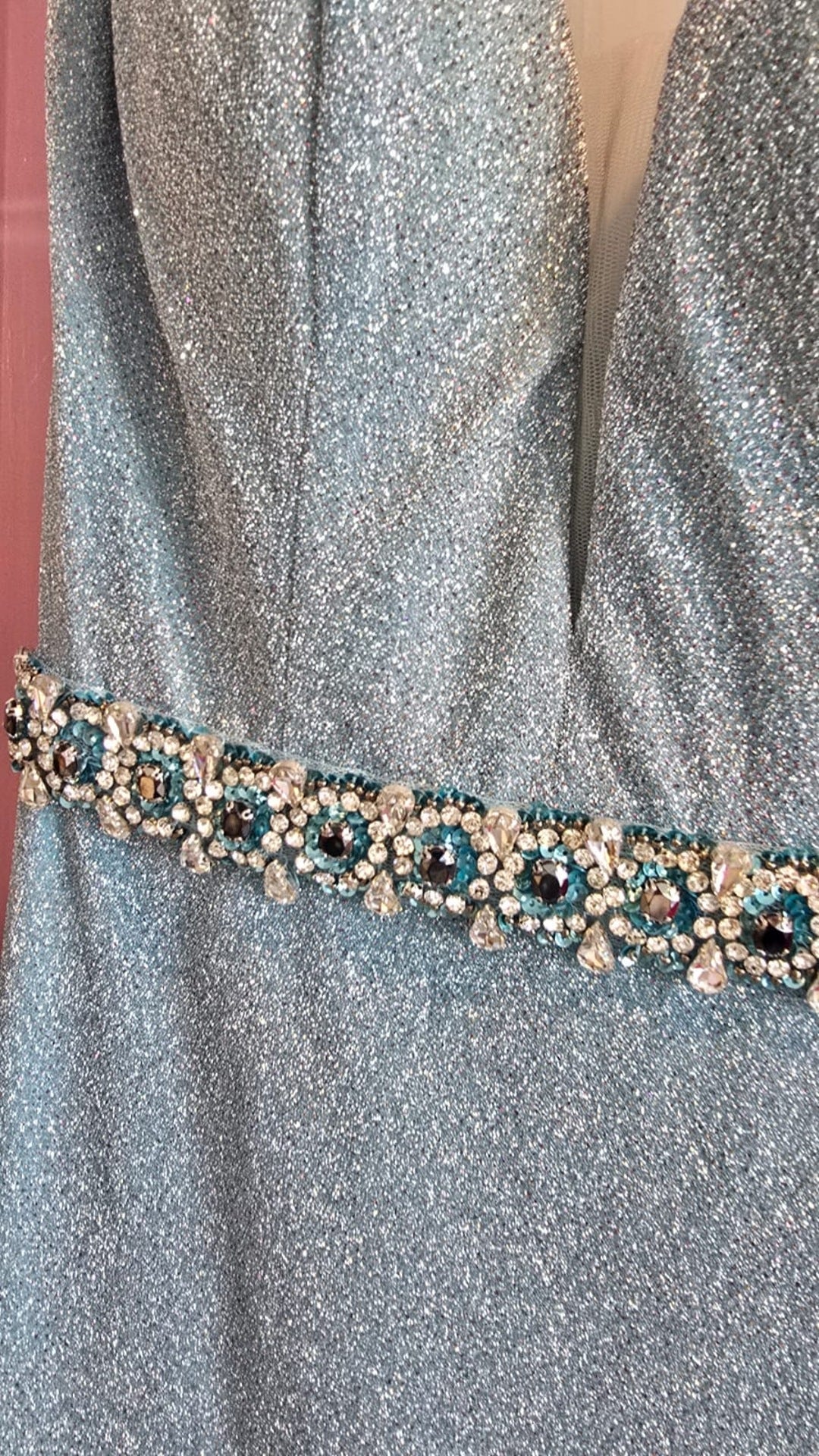 Leah Baby Blue Sparkly Glitter Metallic Formal Prom Dress