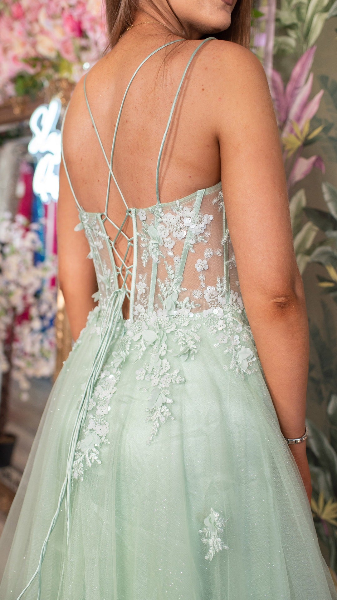 Green Laced Back Flower Detail Leg Split Ballgown Formal Prom Dress Ball Gown