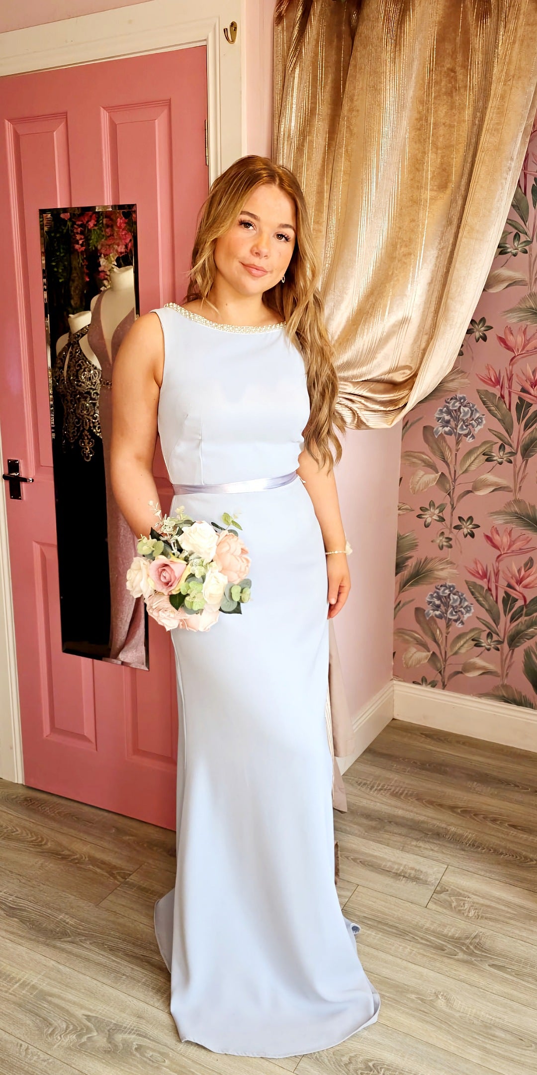 Sienna Baby Blue Pearl Neck Bridesmaid Dress