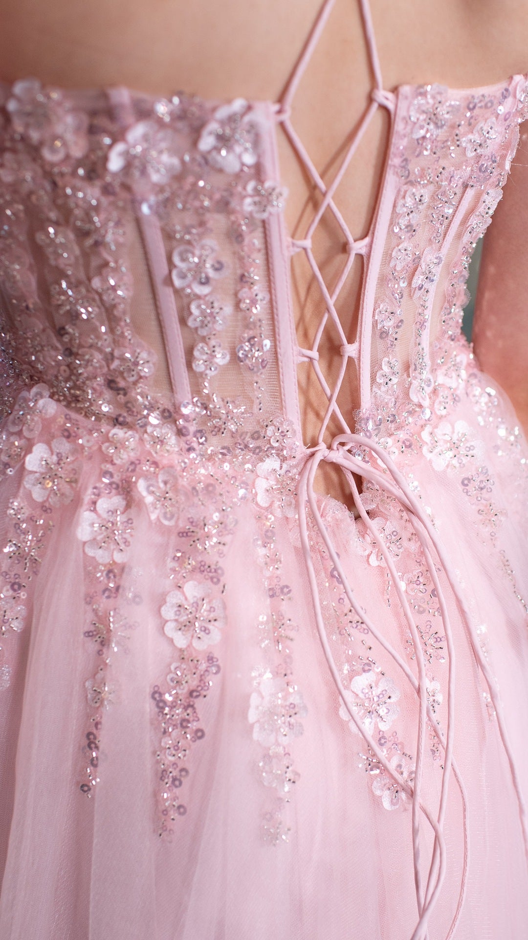 Layla Pink Skinny Strap Leg Split Flower Bodice Ballgown Formal Prom Dress Ball Gown
