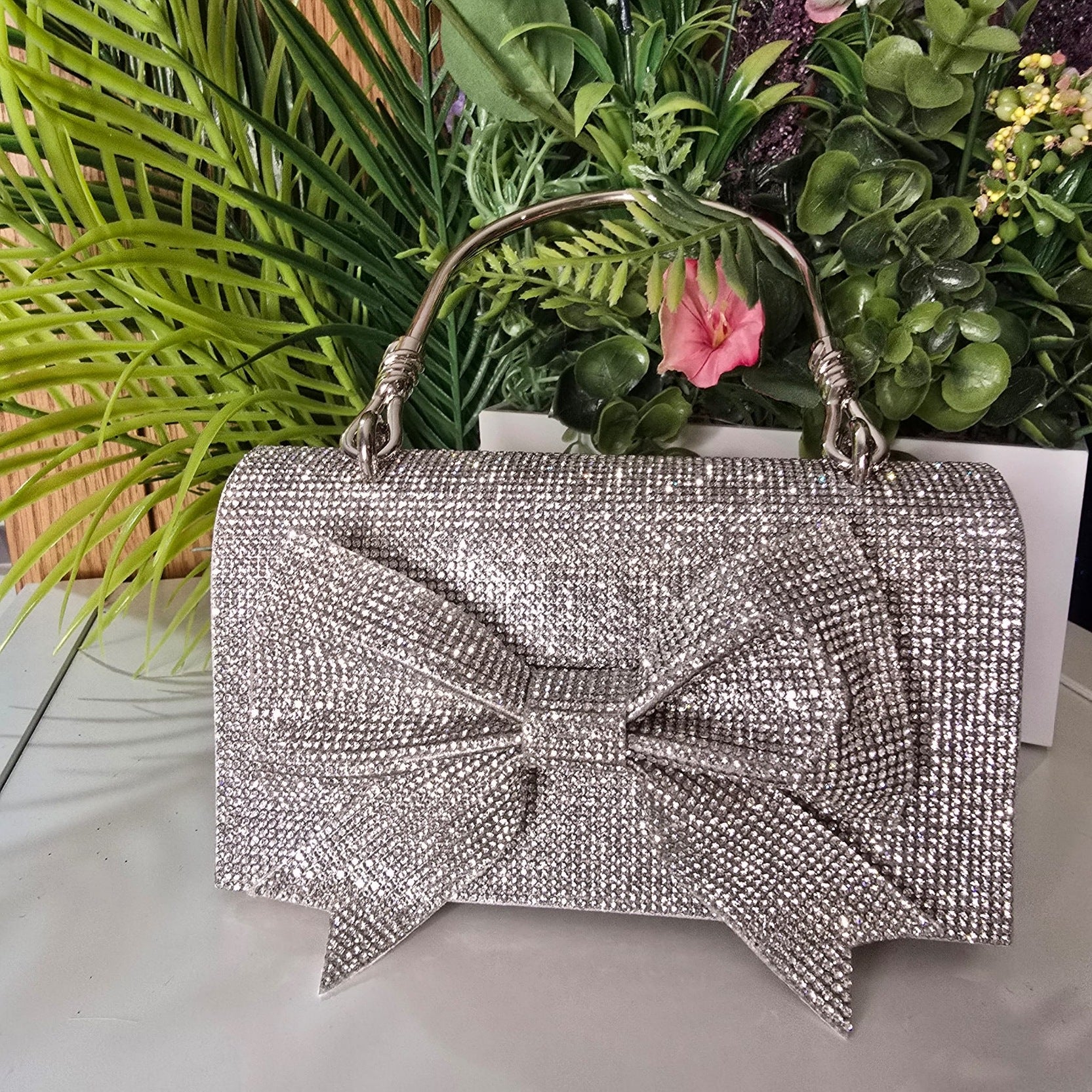 Clara Silver Rhinestone Bow Clutch Handbag