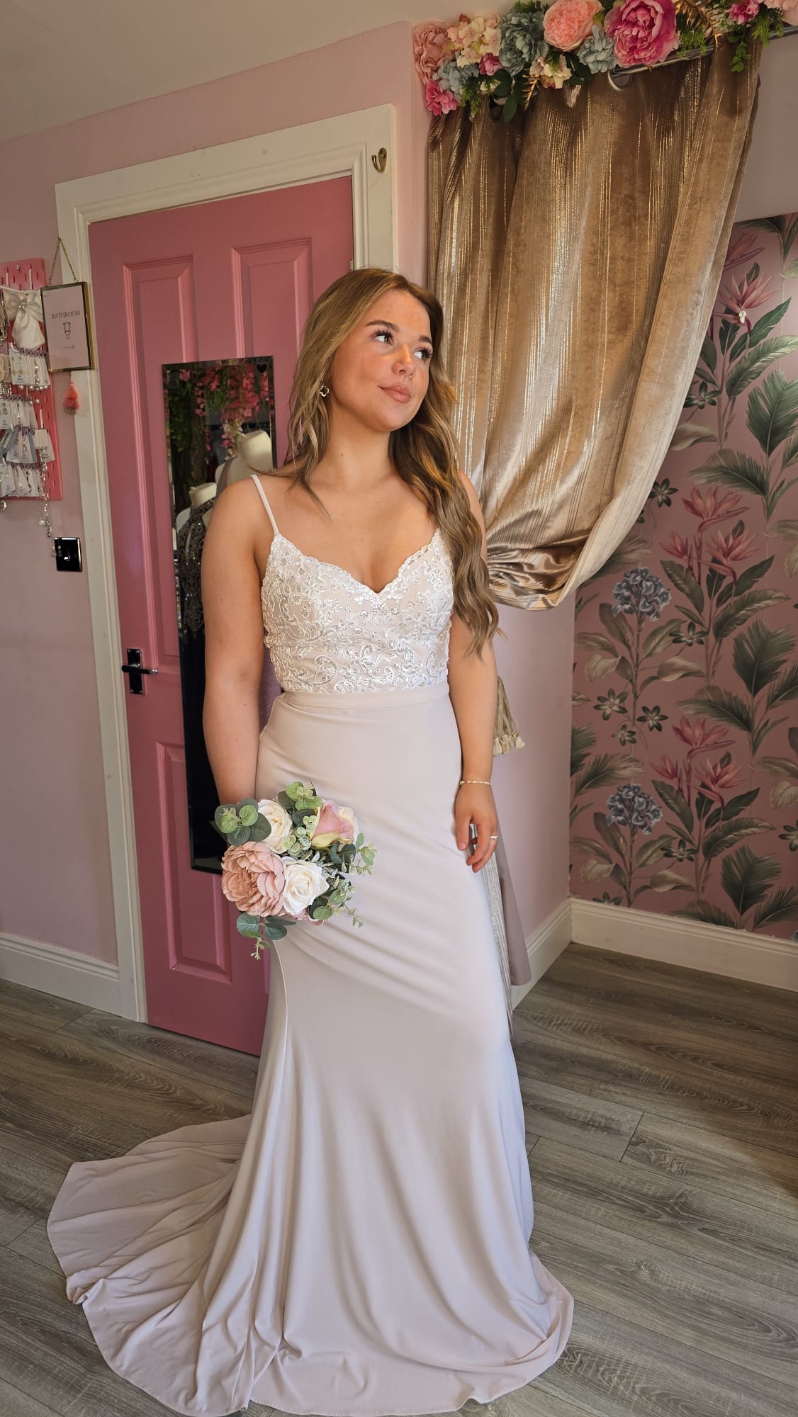 Ivory and Champagne Laced Detail Bodice Open Back Used For Photoshoot Sample Bridesmaid Dress