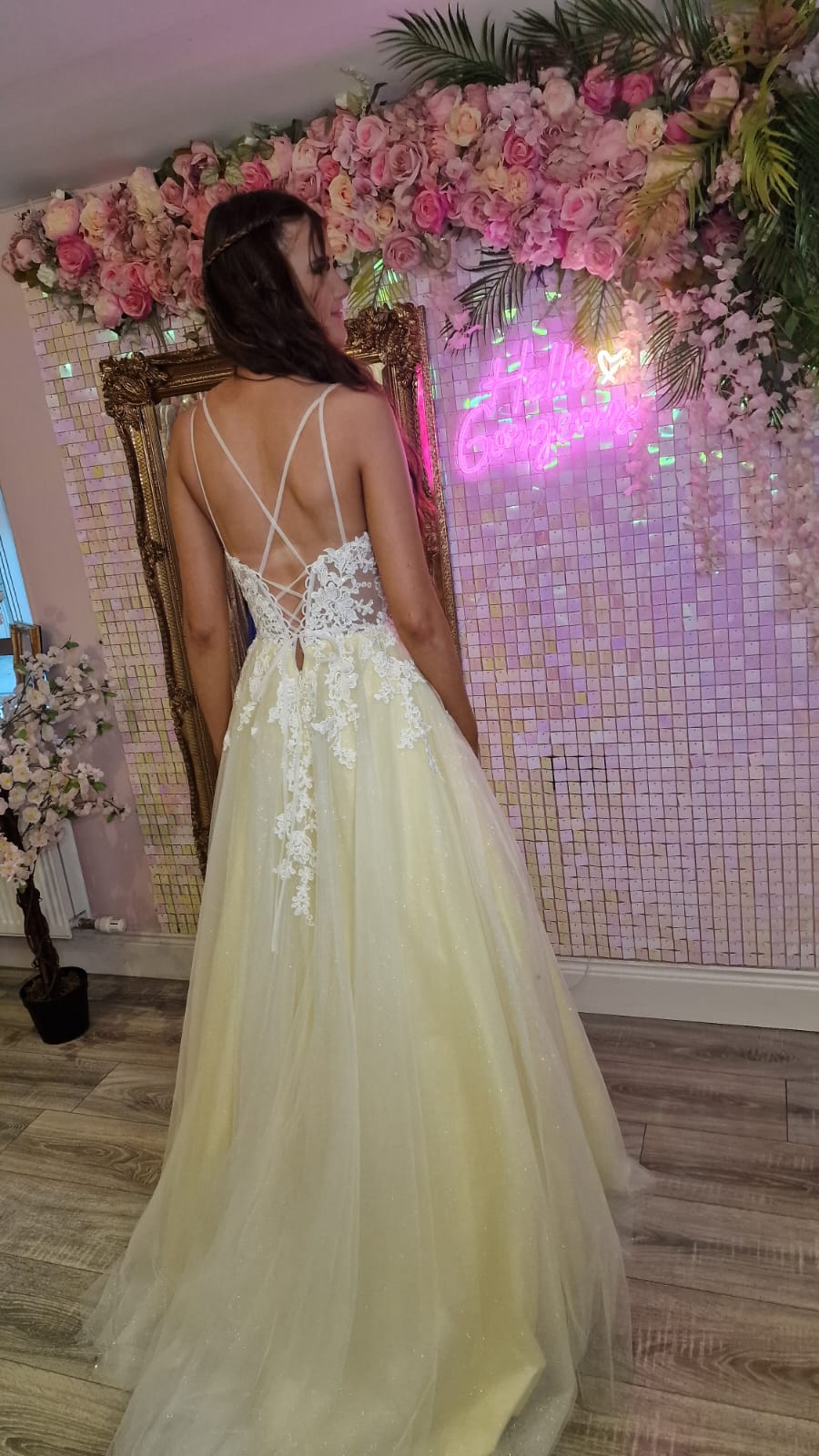 Brooklyn Lemon Yellow V Neck Laced Detail Bodice Ball Gown Formal Prom Dress