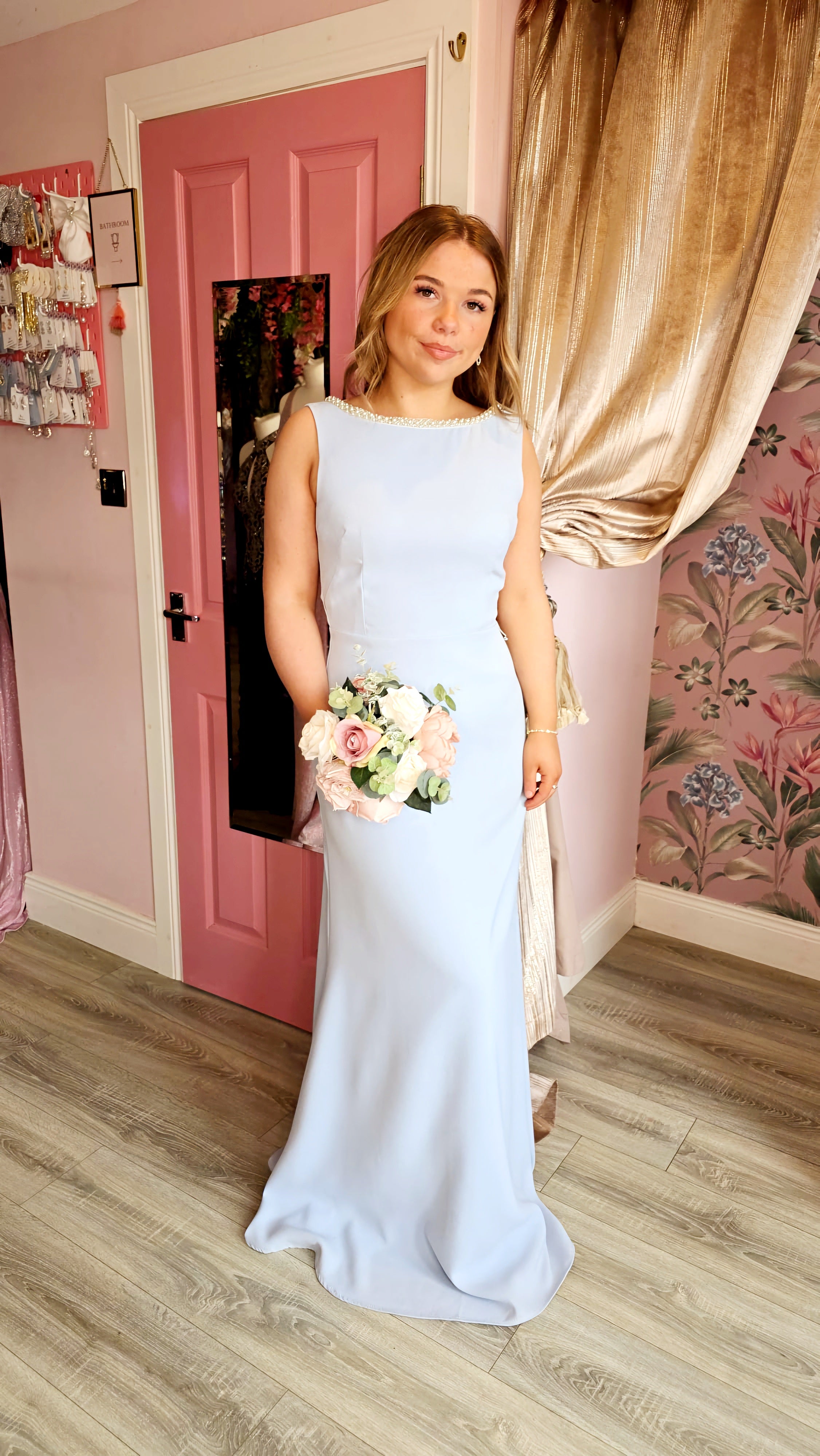 Sienna Baby Blue Pearl Neck Bridesmaid Dress