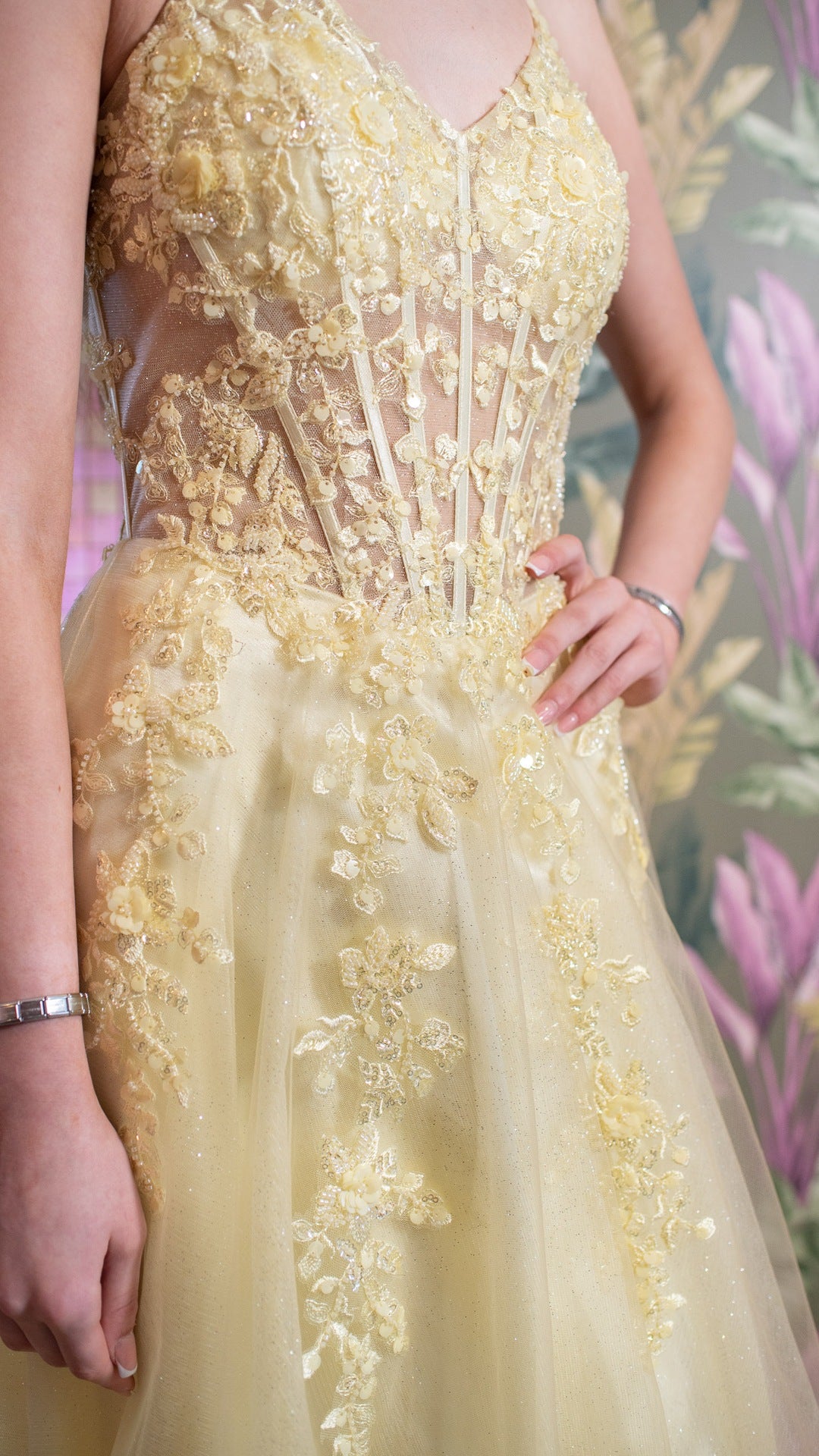 Anna Yellow Flower Detail Laced Back Skinny Straps Ballgown Formal Prom Dress Ball Gown