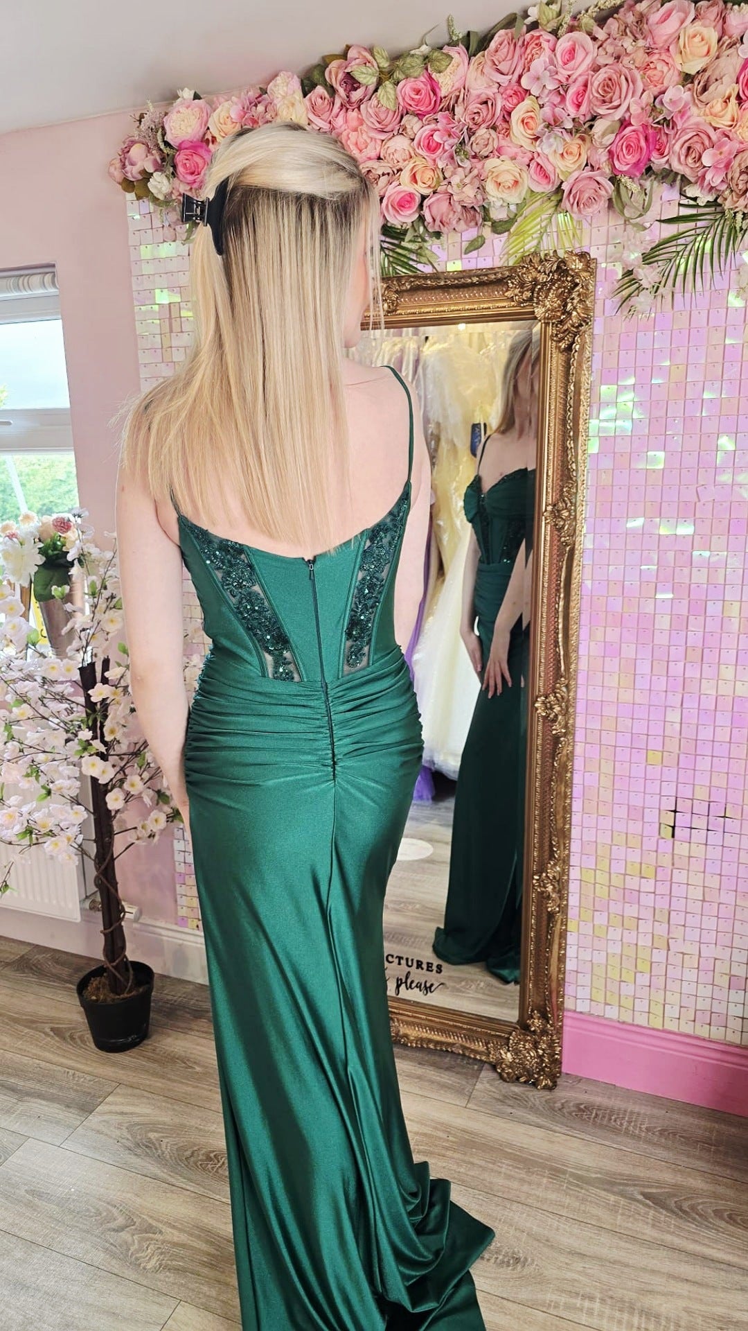 Cerine Emerald Corset With Lace Detail Thigh Split Formal Prom Dress