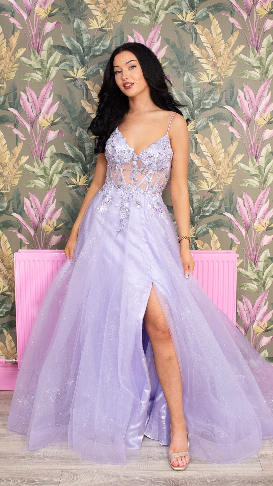 Perrie Lilac Laced Corset Flower Detail Ballgown Formal Prom Dress Ball Gown
