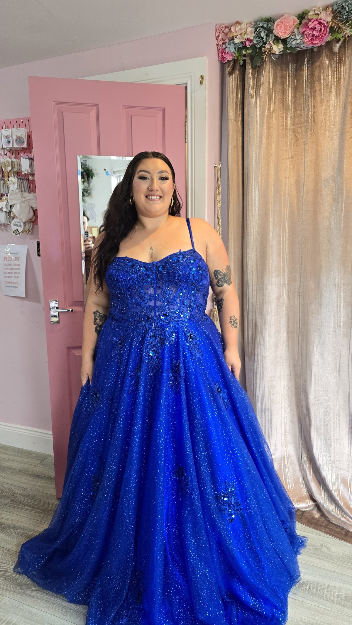 Blake Blue Laced Back Flower Detail Corset Ballgown Formal Prom Dress Ball Gown