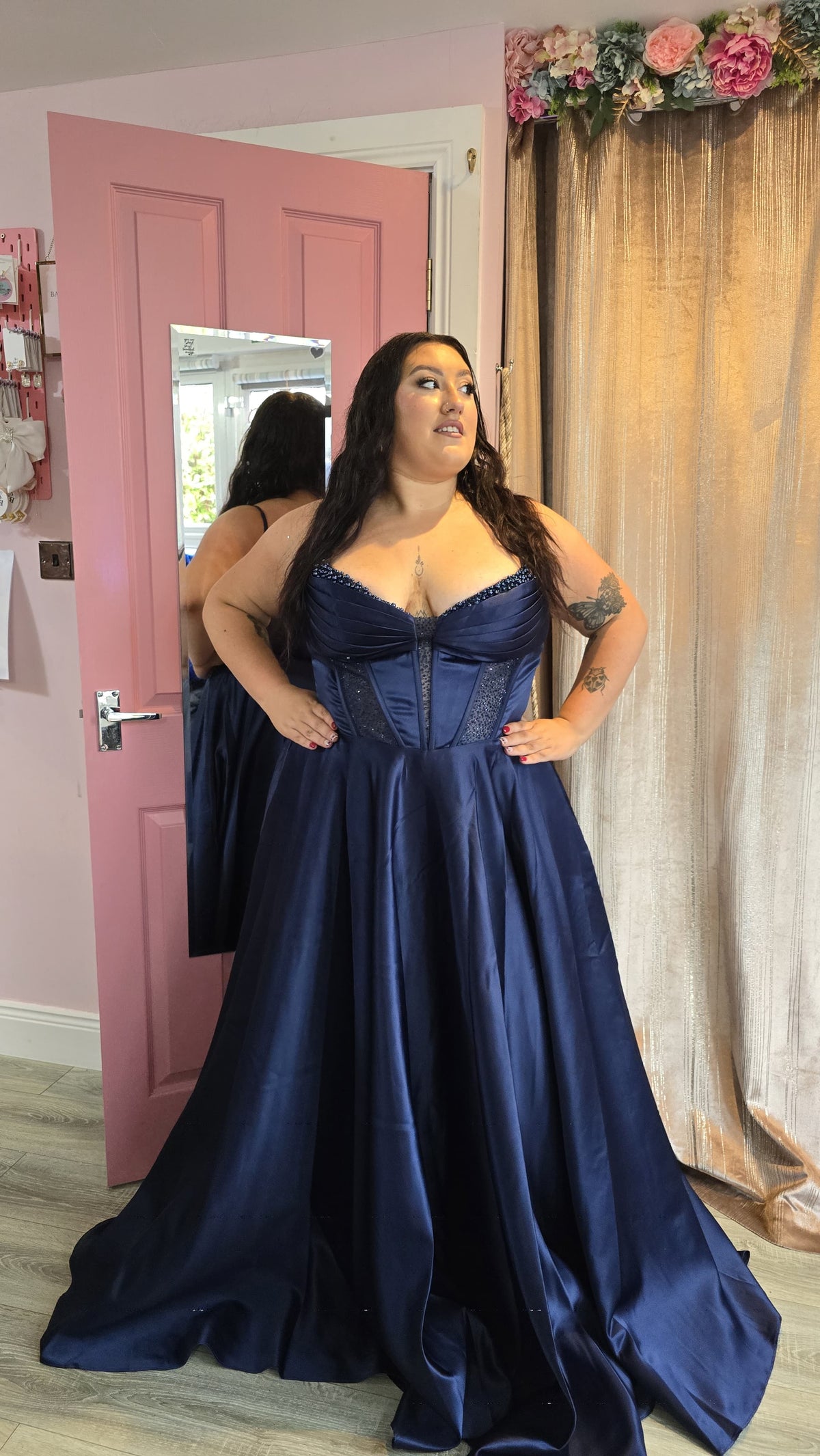 Danielle Navy Satin Corset Style Bodice Ballgown Formal Prom Dress Ball Gown